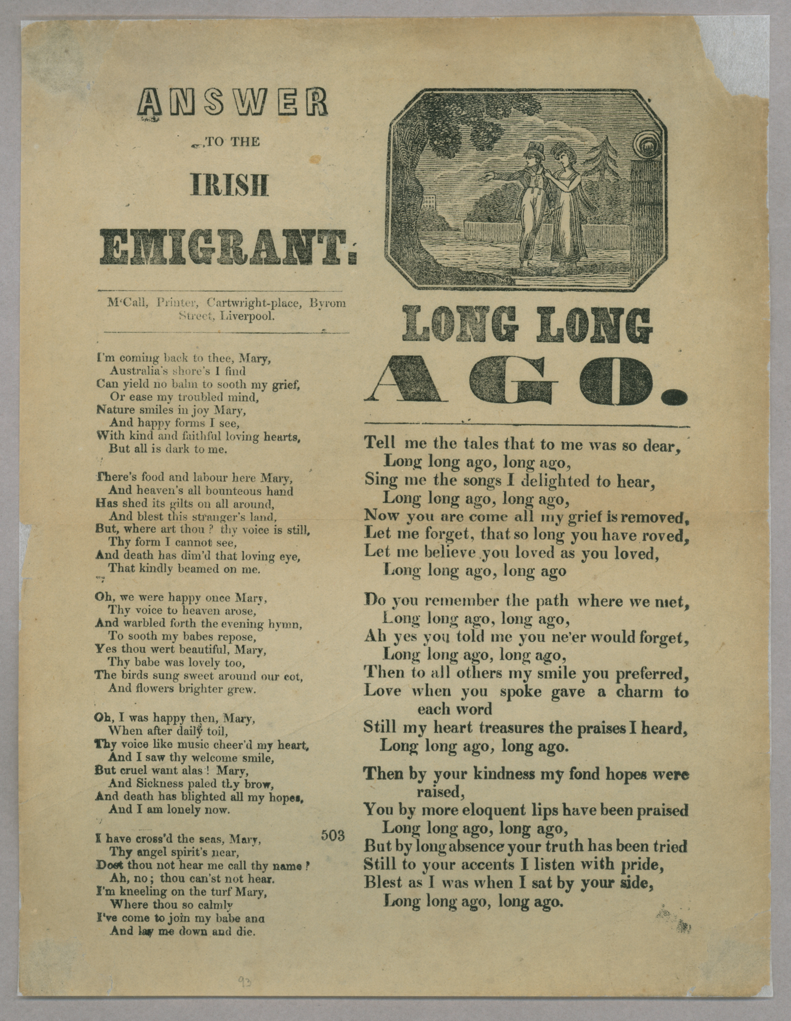 &quot;Answer to the Irish Emigrant,&quot; and &quot;Long Long Ago&quot;