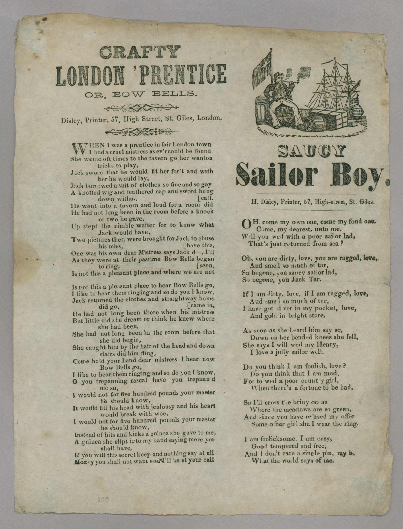 &quot;Crafty London Apprentice Or, Bow Bells,&quot; and &quot;Saucy Sailor Boy&quot;