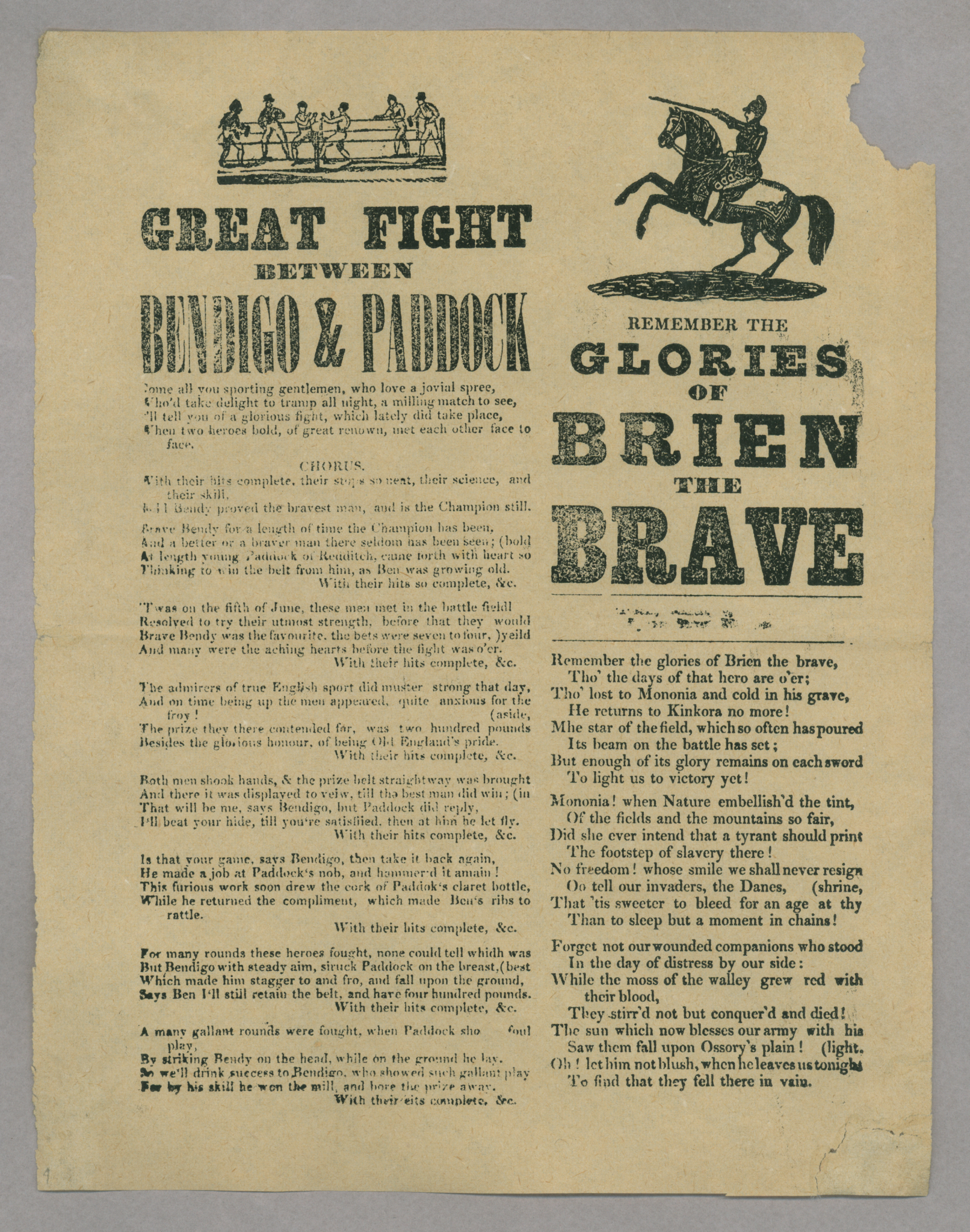 &quot;Great Fight Between Bendigo and Paddock,&quot; and &quot;Remember the Glories of Brien the Brave&quot;