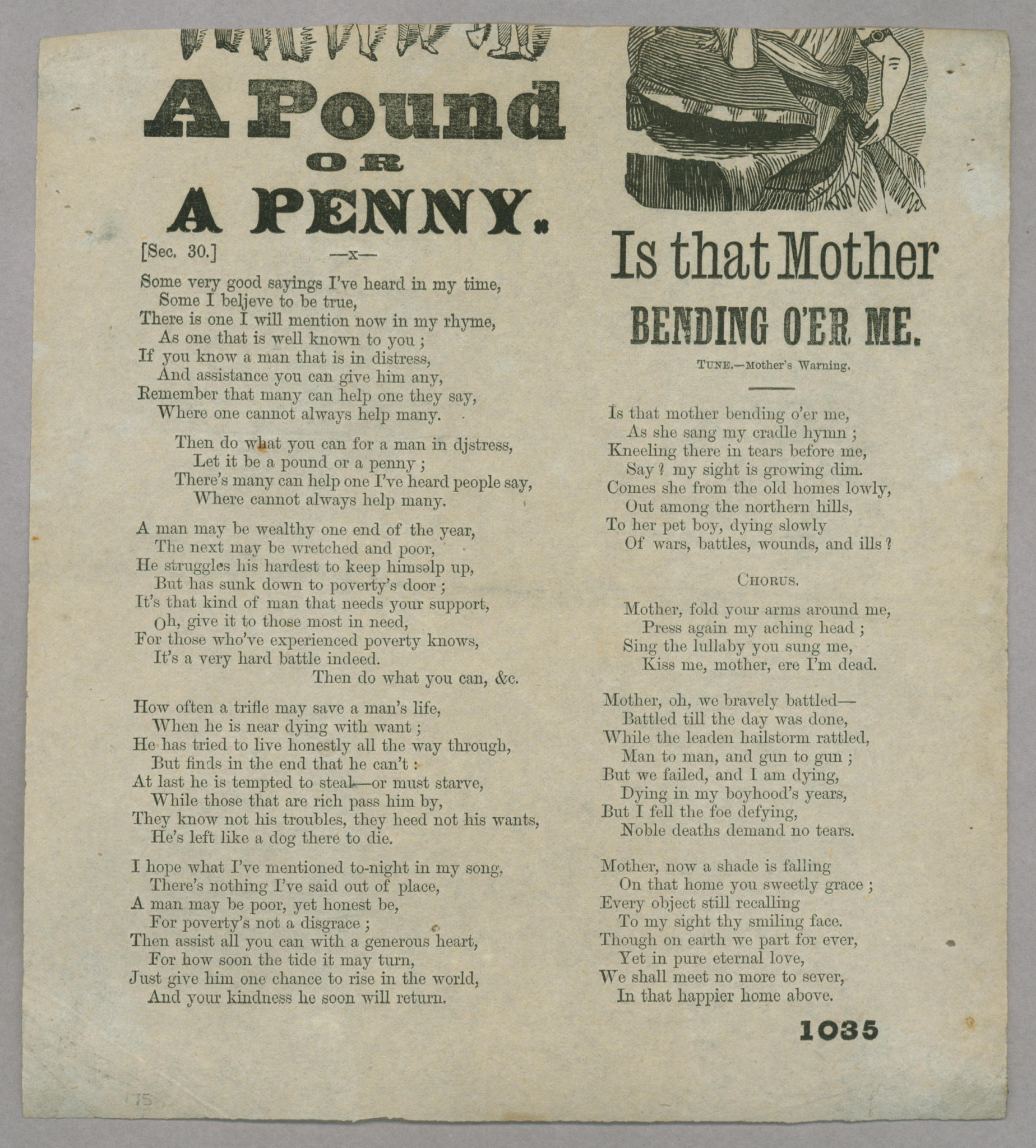 &quot;A Pound or a Penny&quot; and &quot;Is That Mother Bending Over Me. Tune-Mother&#39;s Warning&quot;
