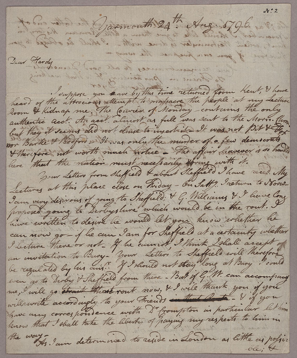Letter. John Thelwall, Yarmouth, to Thomas Hardy, n.p., Page 1