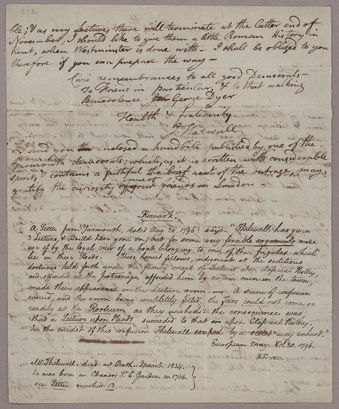 Letter. John Thelwall, Yarmouth, to Thomas Hardy, n.p., Page 2