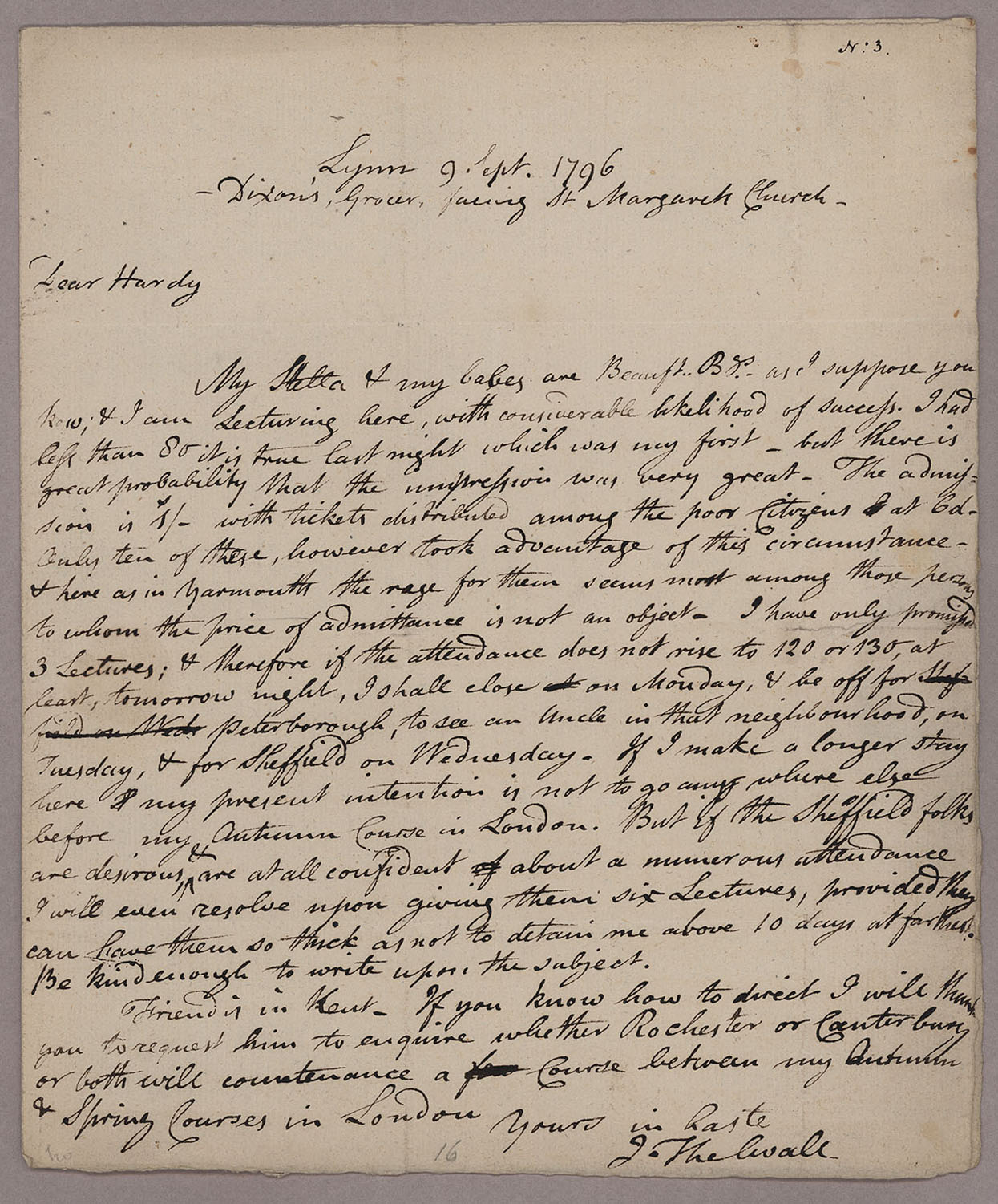 Letter. John Thelwall, Lynn, to Thomas Hardy, London, Page 1