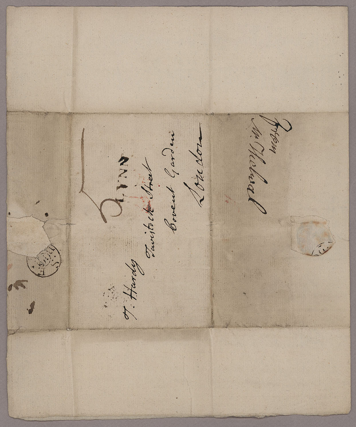 Letter. John Thelwall, Lynn, to Thomas Hardy, London, Address leaf