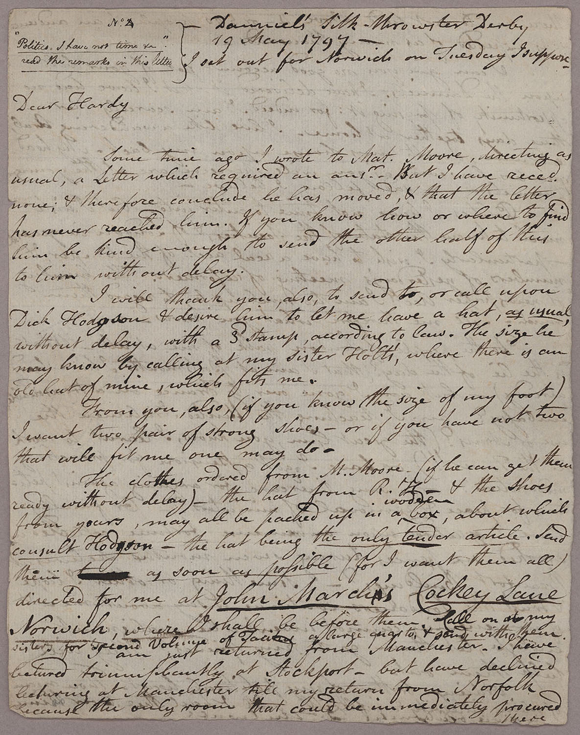 Letter. John Thelwall, Derby, to Thomas Hardy, n.p., Page 1