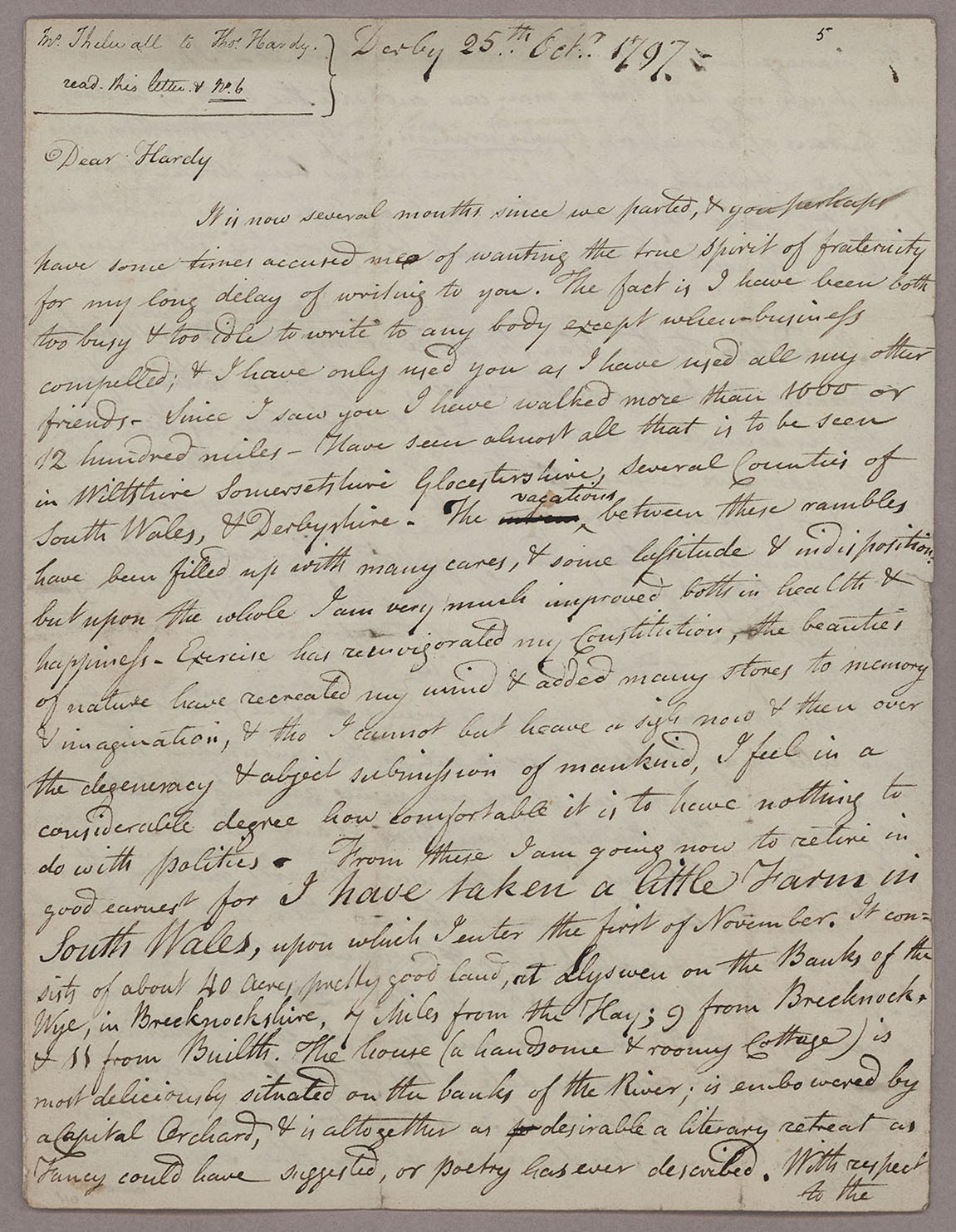 Letter. John Thelwall, Derby, to Thomas Hardy, London, Page 1