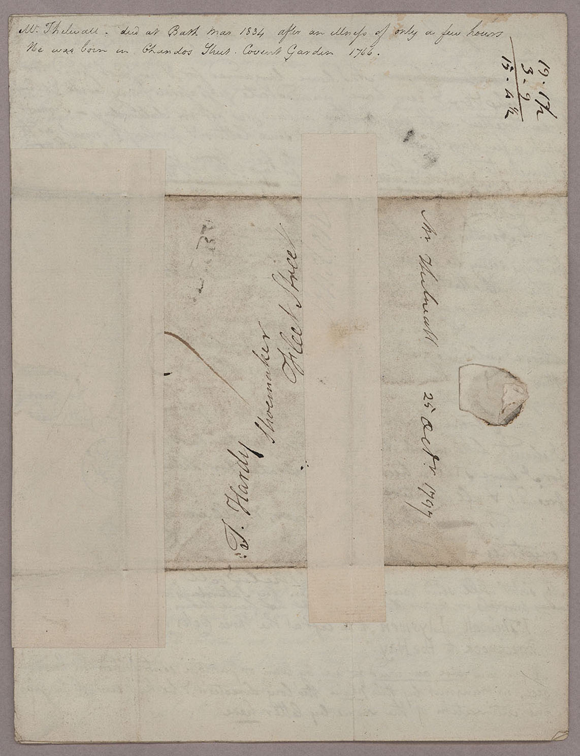 Letter. John Thelwall, Derby, to Thomas Hardy, London, Address leaf