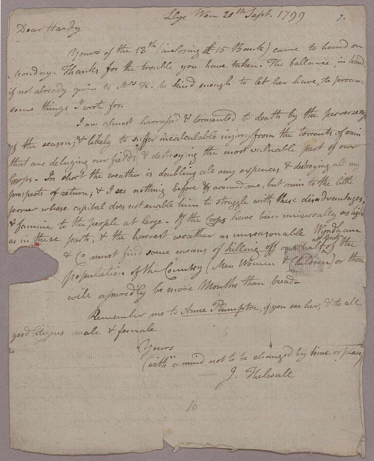 Letter. John Thelwall, Llyswen, to Thomas Hardy, London, Page 1