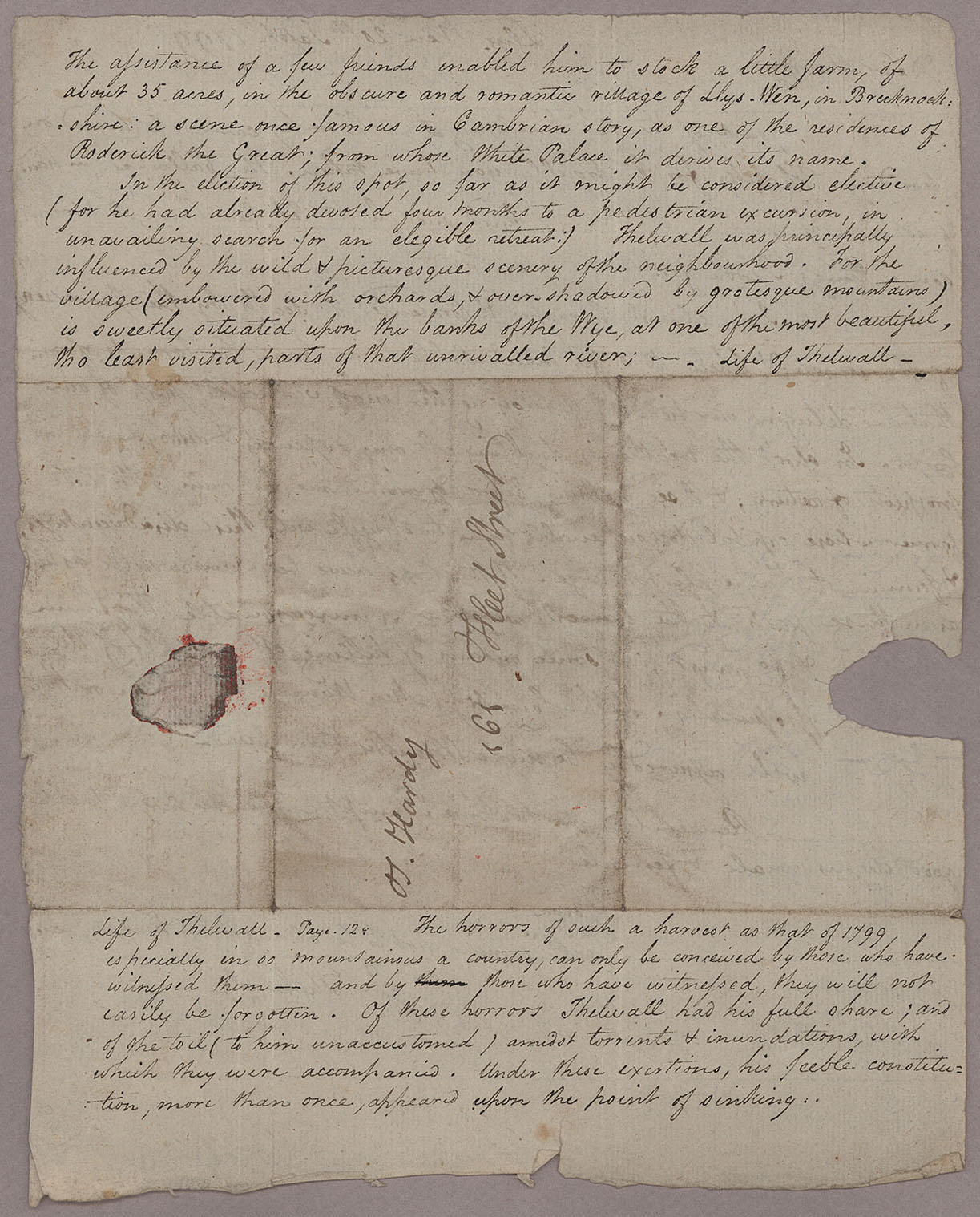Letter. John Thelwall, Llyswen, to Thomas Hardy, London, Address leaf