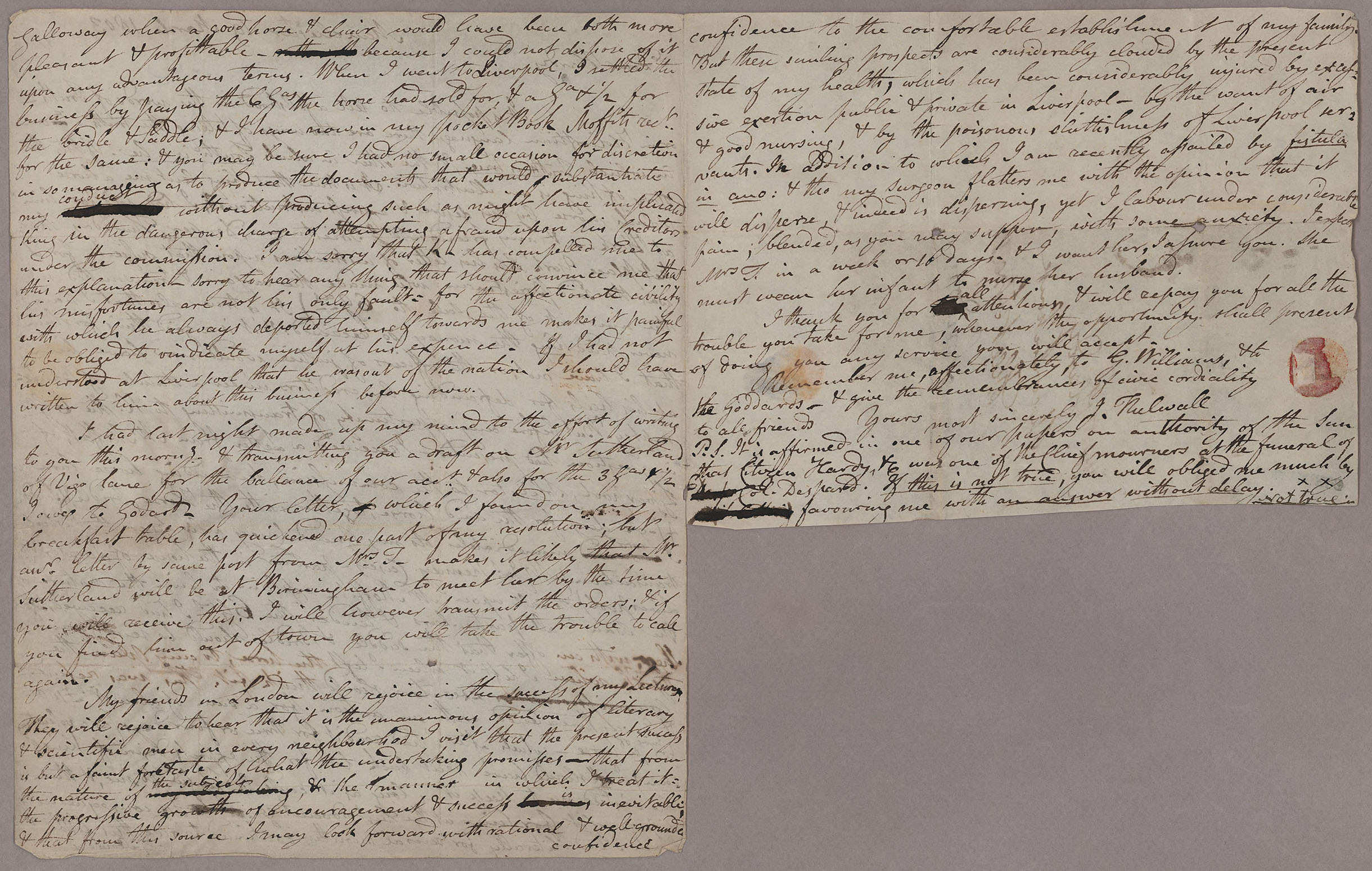 Letter. John Thelwall, Manchester, to Thomas Hardy, London, Pages 2 and 3