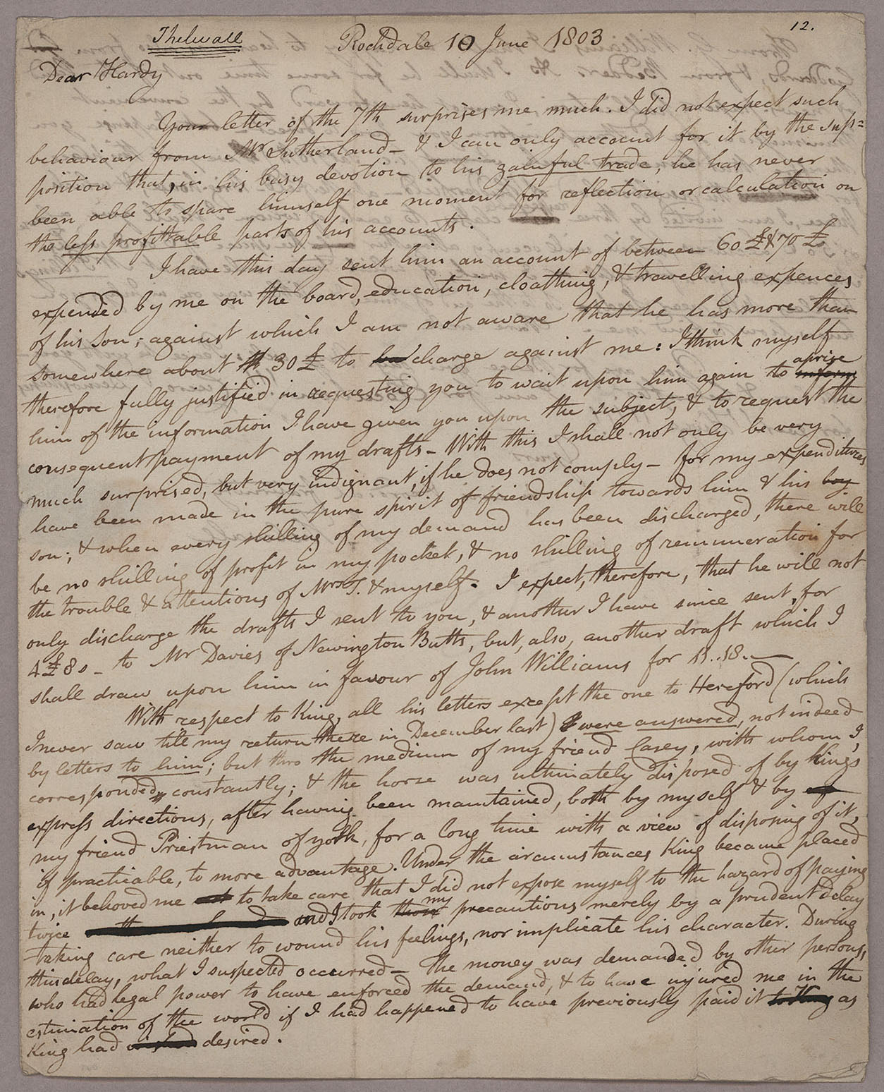 Letter. John Thelwall, Rochdale, to Thomas Hardy, London, Page 1