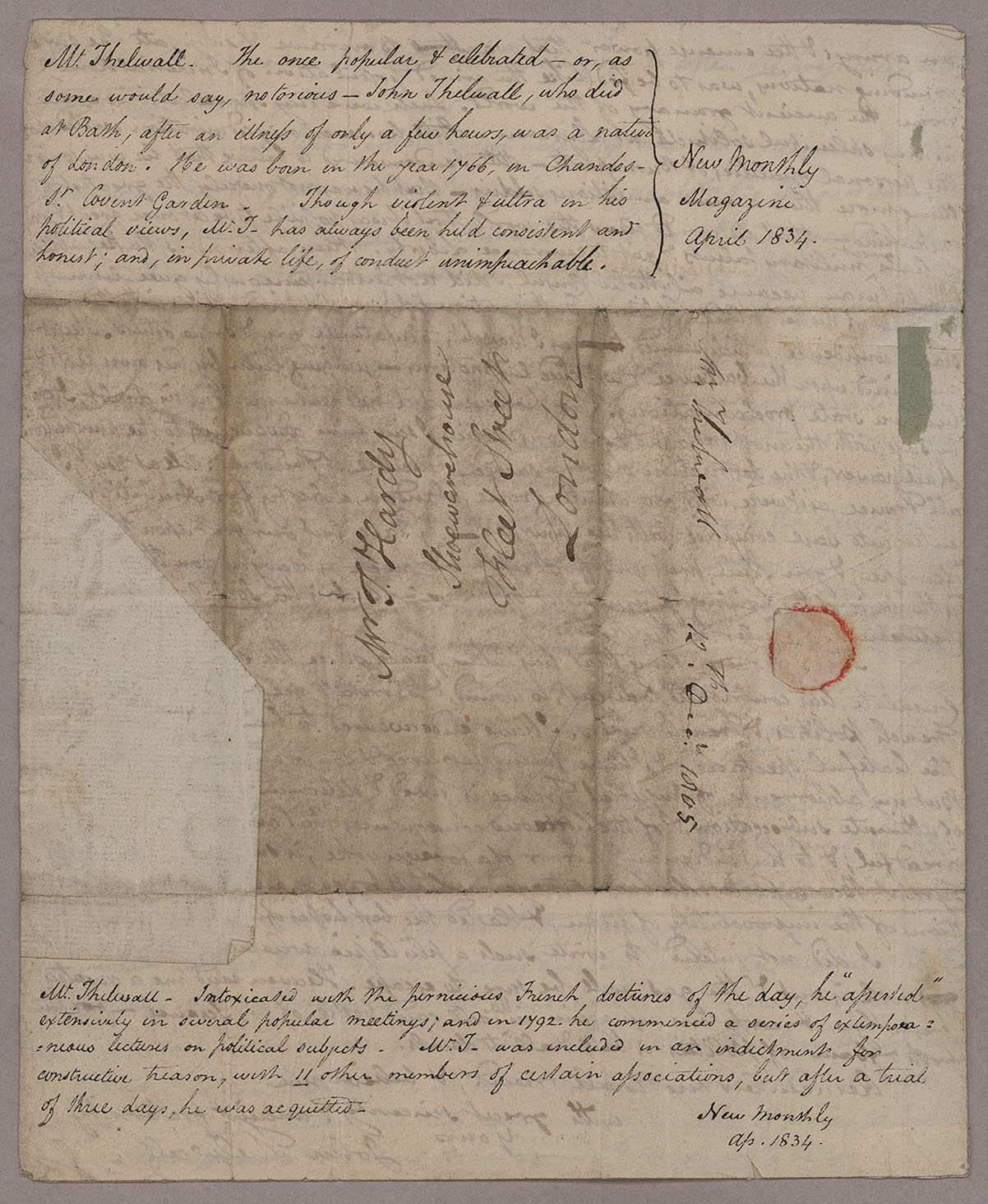 Letter. John Thelwall, Liverpool, to Thomas Hardy, London, Address leaf