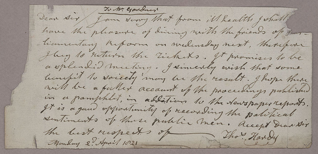 Letter. Thomas Hardy, n.p., to Mr. Gardner; n.p., Page 1
