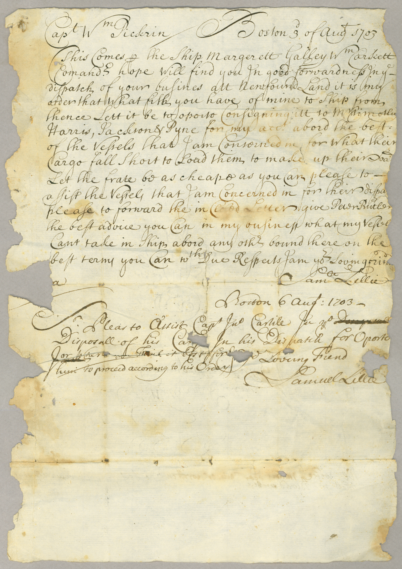 Letter, Sam[ue]l Lillie, Boston, to Capt[ain] W[illia]m Pick[e]rin[g], Newfoundland, Page 1