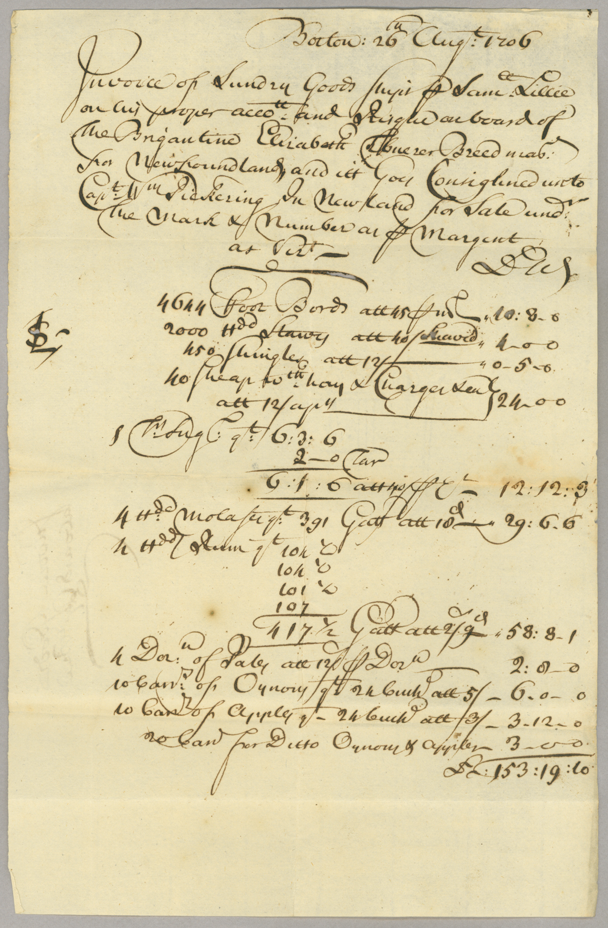 Bill of lading for the Brig Elizabeth, Page 1
