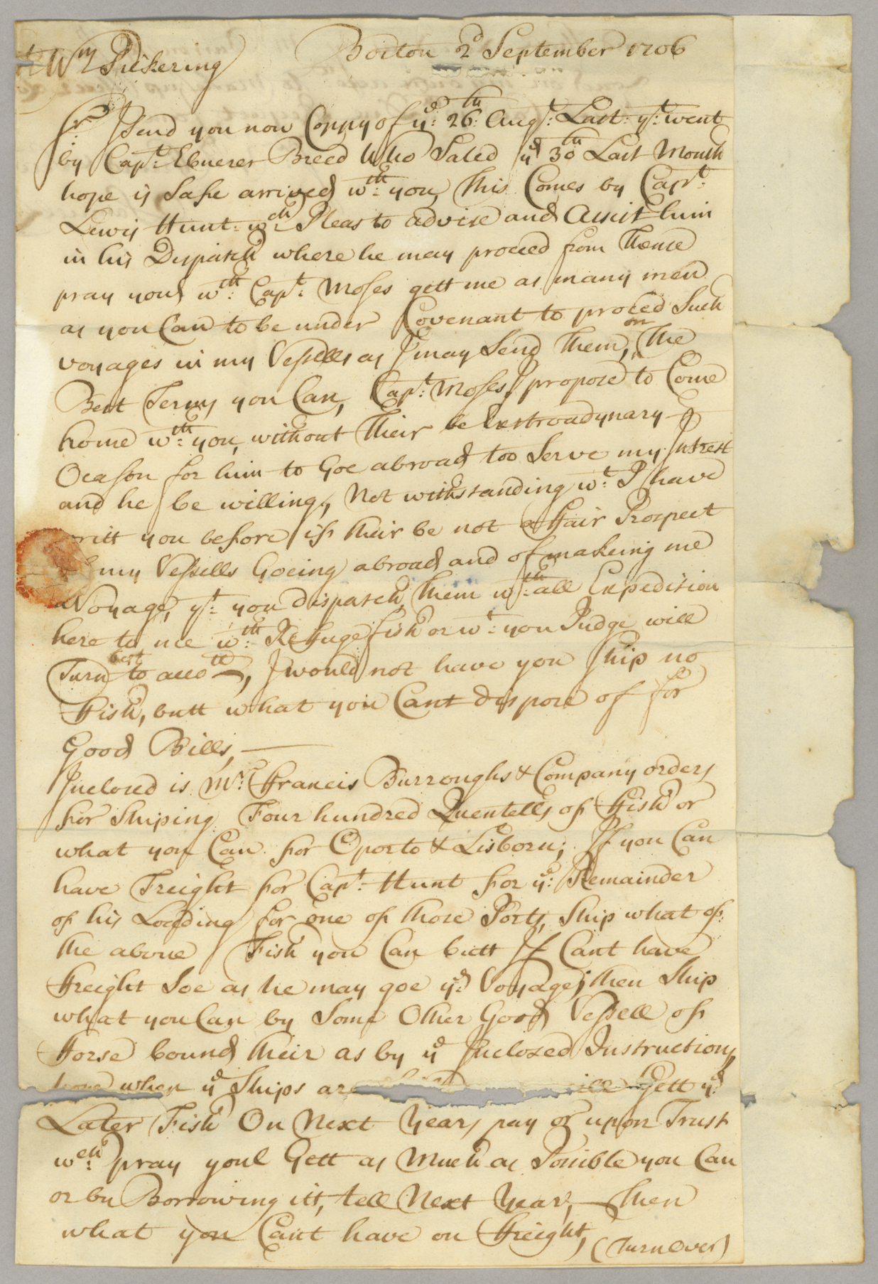 Letter, Samuel Lillie, Boston, to W[illia]m Pickering, Newfoundland, Page 1