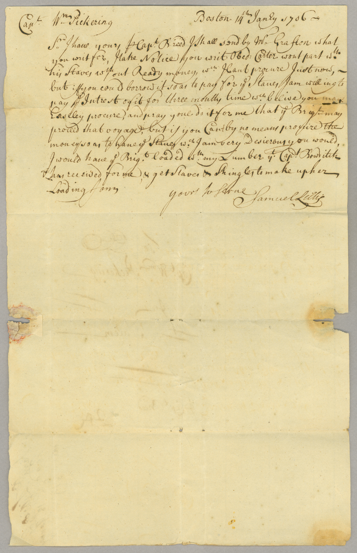 Letter, Samuel Lillie, Boston, to W[illia]m Pickering, Salem, Massachusetts, Page 1