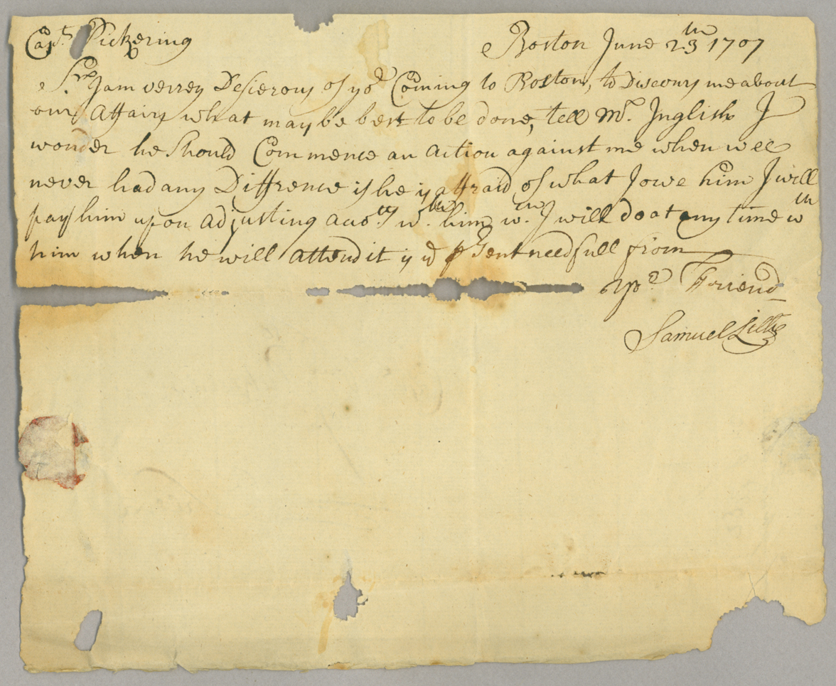 Letter, Samuel Lillie, Boston, to Capt. [William] Pickering, Salem, Massachusetts, Page 1
