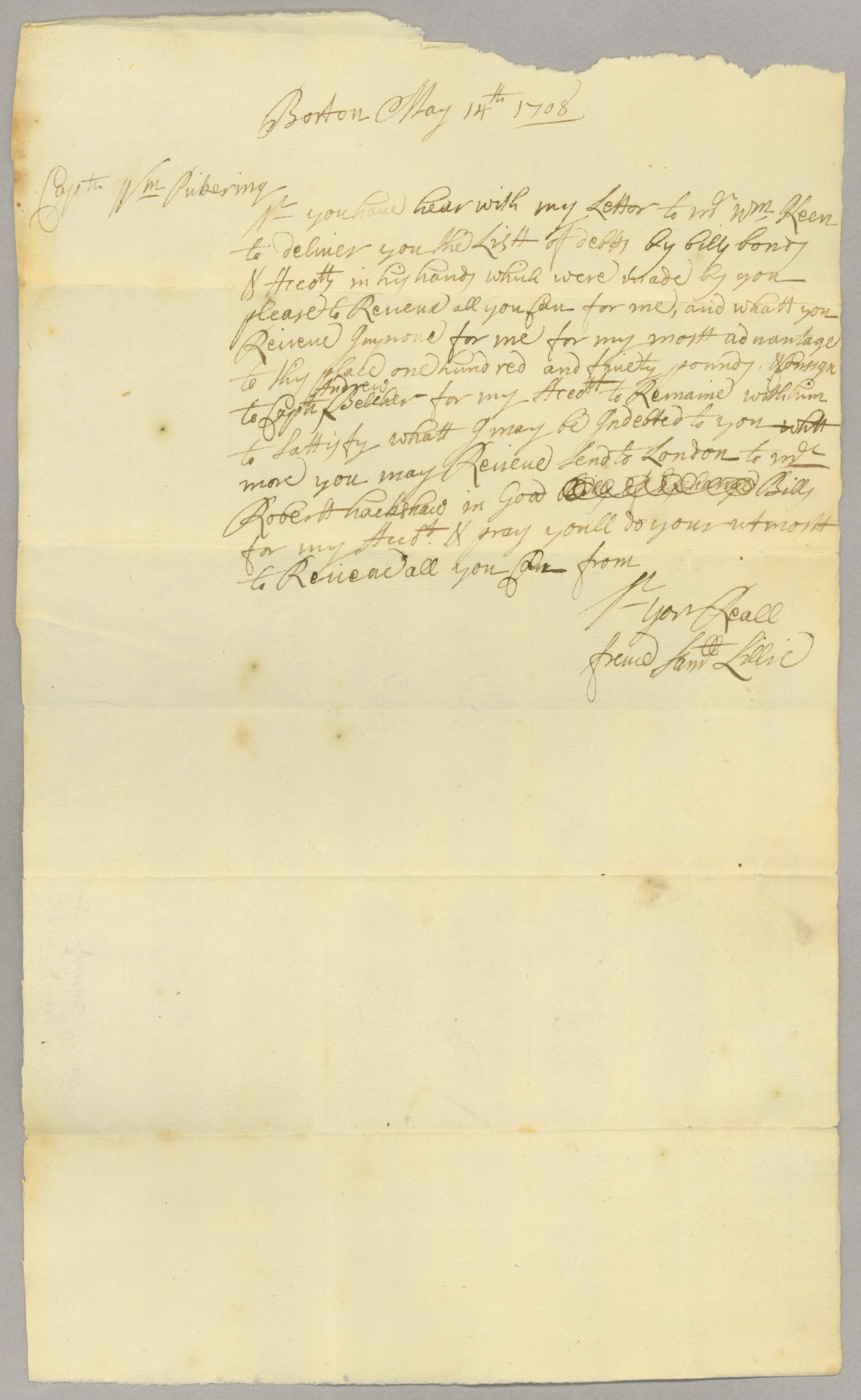 Letter, Sam[ue]l Lillie, Boston, to W[illia]m Pickering, Page 1