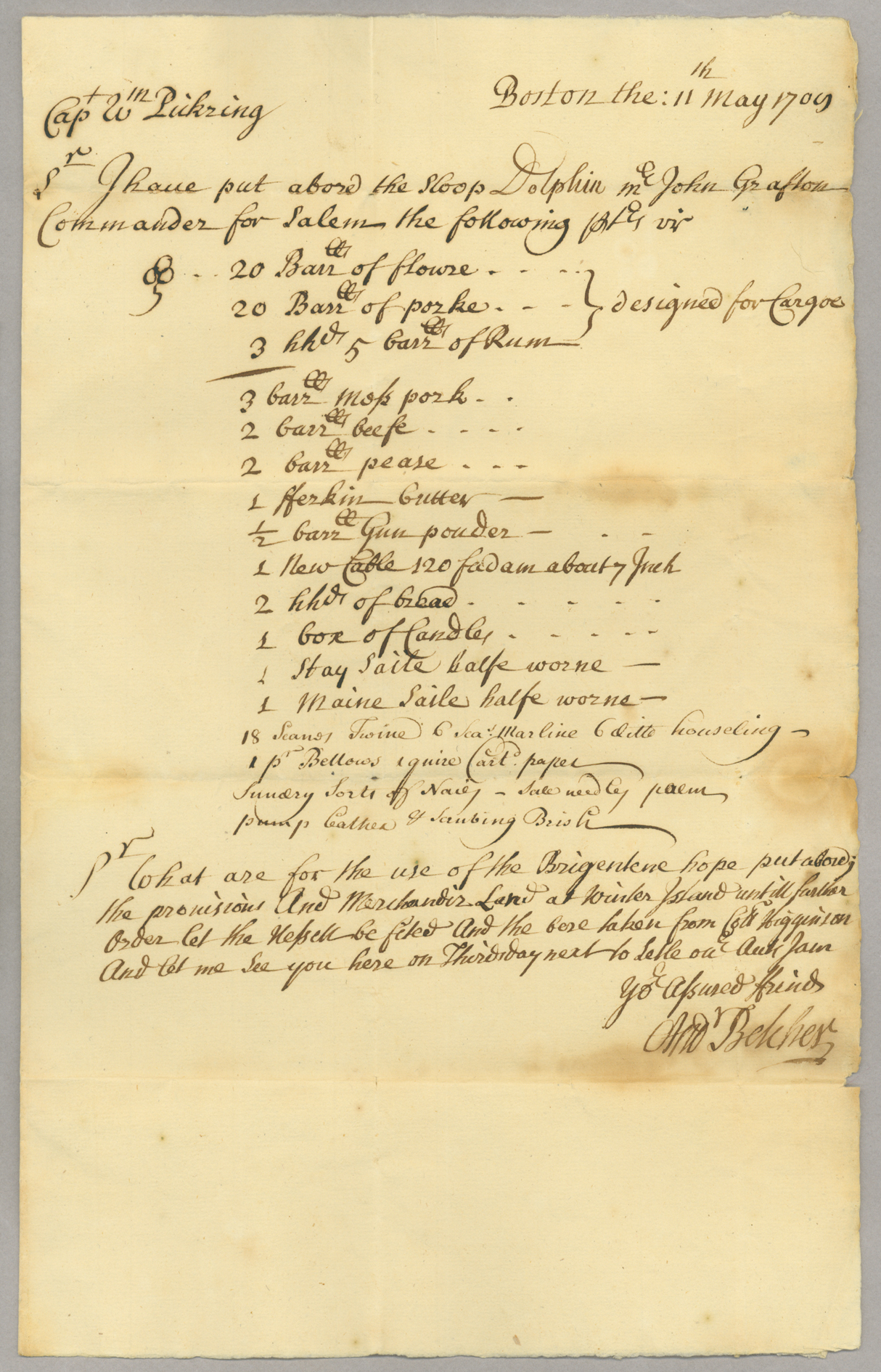 Letter, Andrew Belcher, Boston, to W[illia]m Pickering, Page 1
