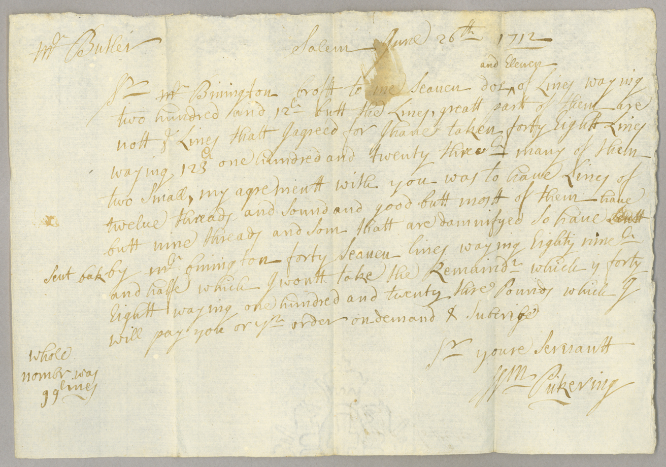 Letter, W[illia]m Pickering, Salem, Massachusetts, to Peter Butler, Page 1