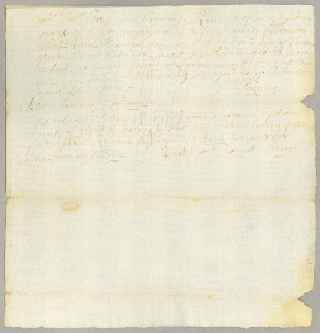 Receipt,, W[illia]m Pickering, Salem, Page 1