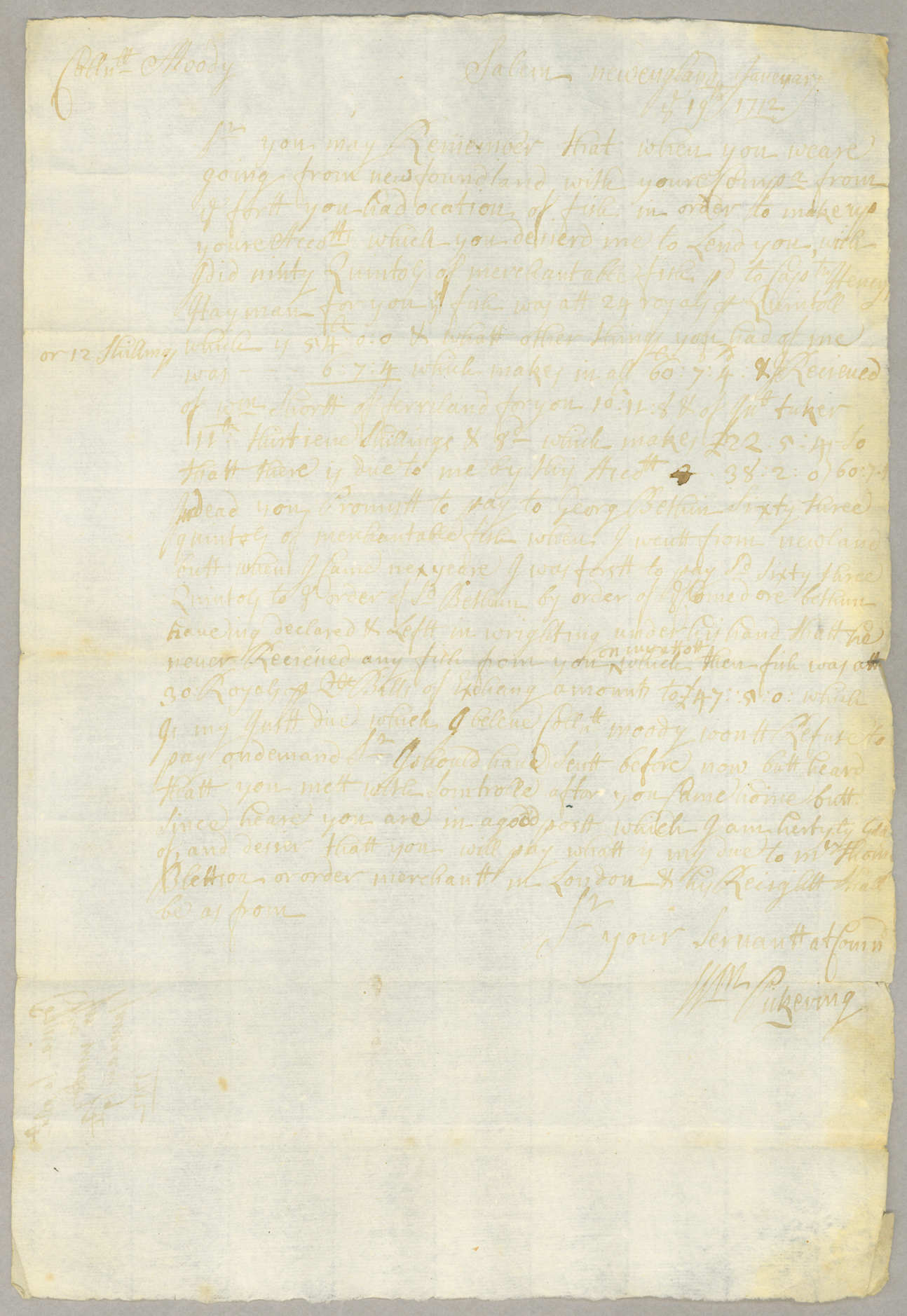 Letter, W[illia]m Pickering, Salem, to John Moody, Page 1