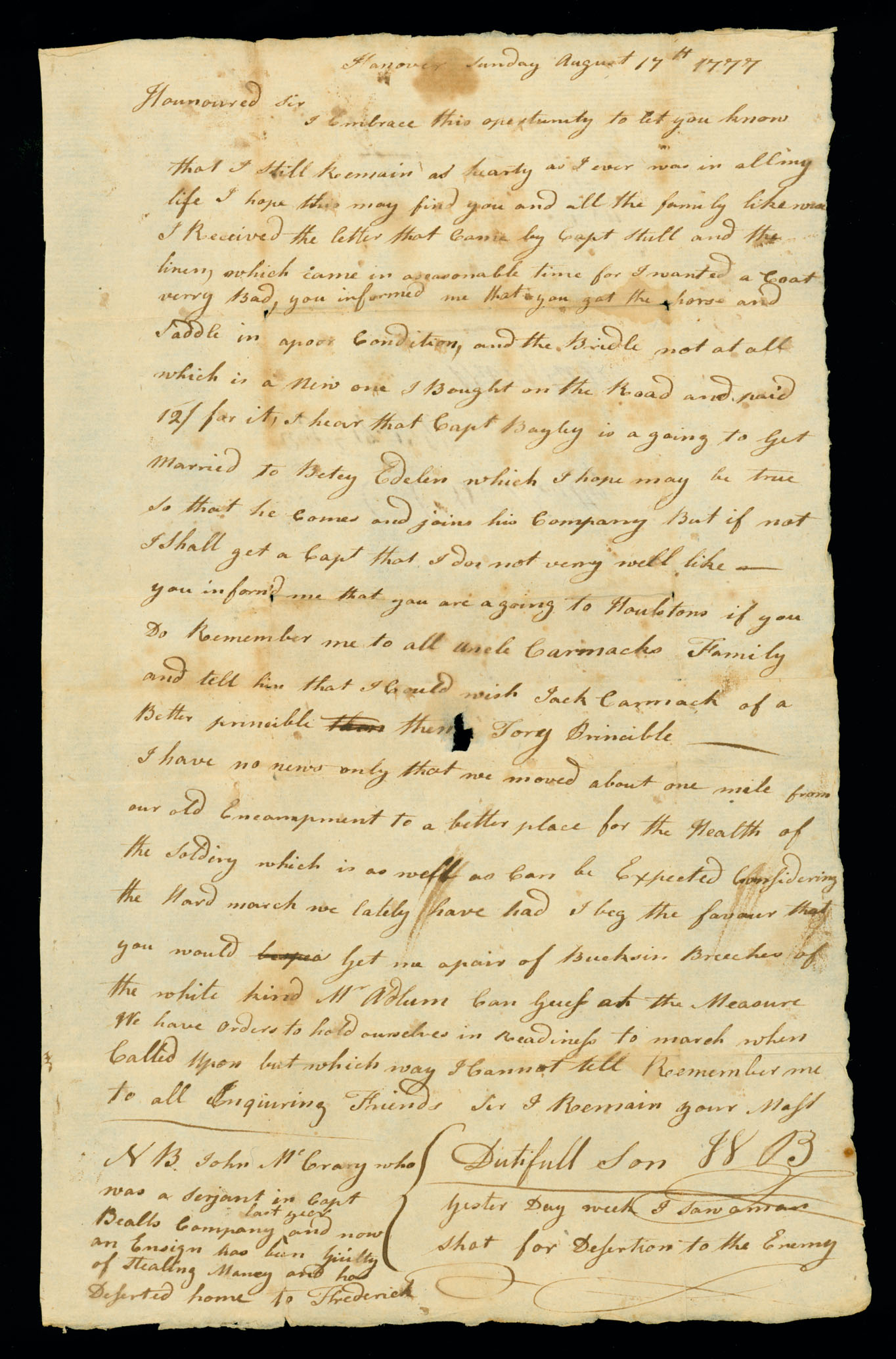 Letter. W[illiam] B[eatty, Jr.], Hanover, New Jersey, to Col. W[illia]m Beatty, Maryland, Page 1