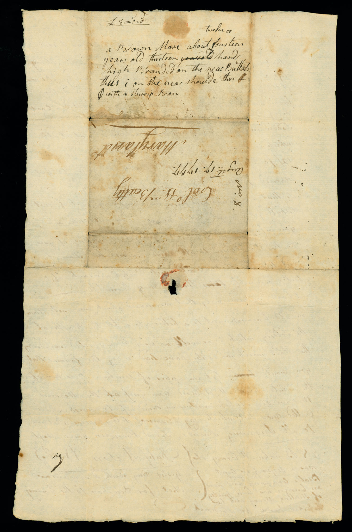 Letter. W[illiam] B[eatty, Jr.], Hanover, New Jersey, to Col. W[illia]m Beatty, Maryland, Address Leaf