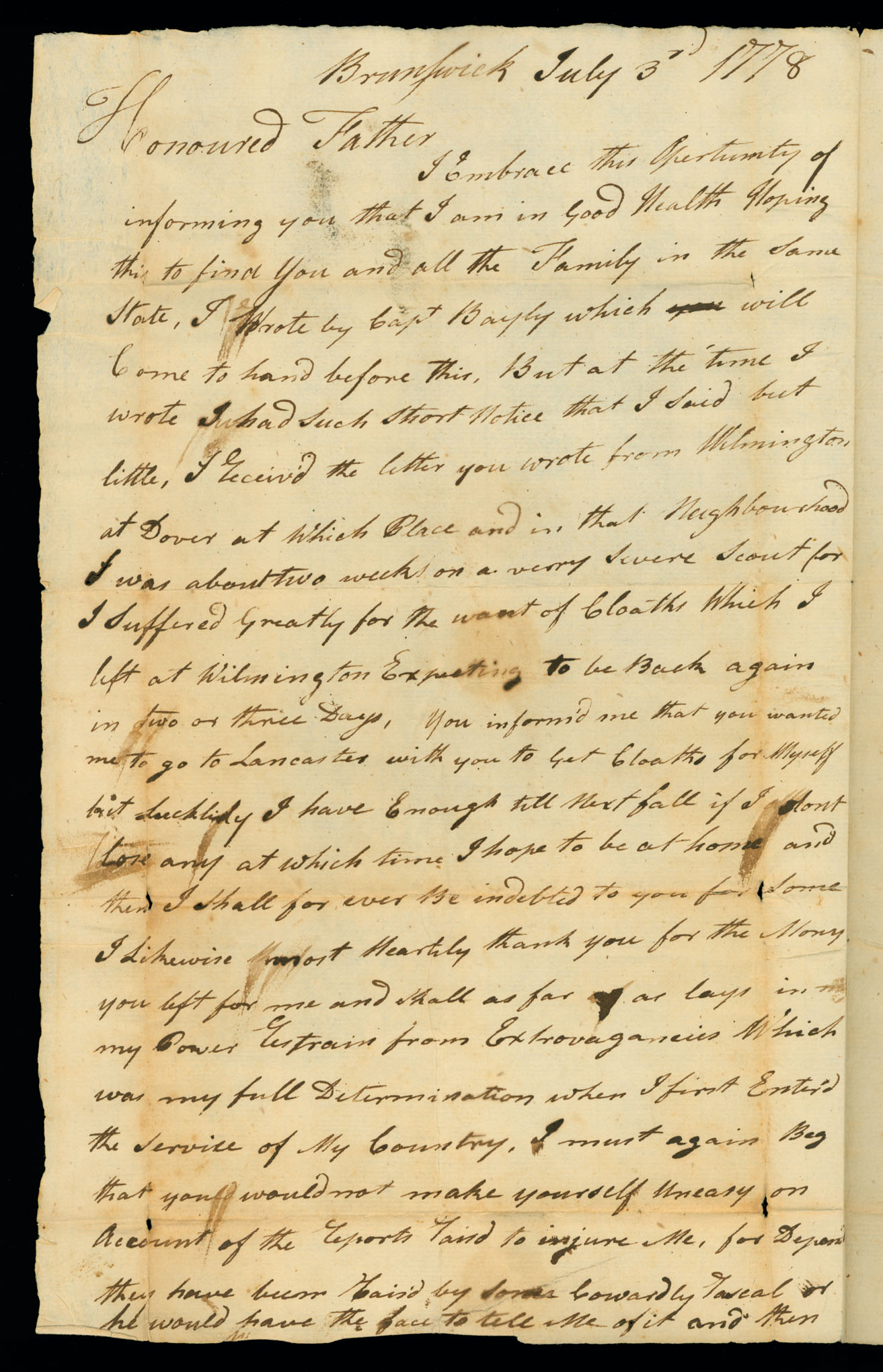 Letter. W[illiam] Beatty [Jr.], Brunswick, New Jersey, to Col. William Beatty, Fred[eric]k County, Maryland, Page 1