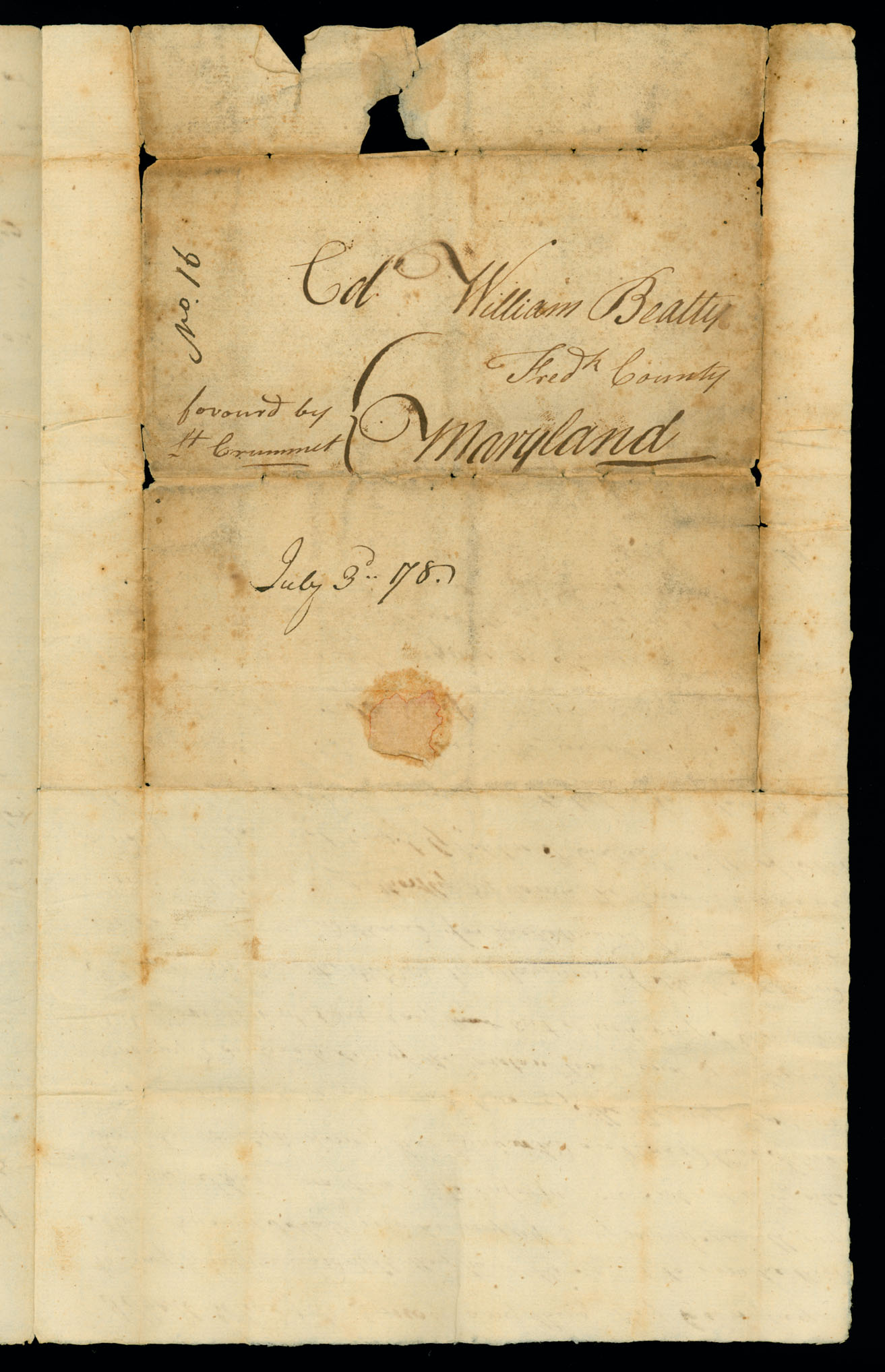 Letter. W[illiam] Beatty [Jr.], Brunswick, New Jersey, to Col. William Beatty, Fred[eric]k County, Maryland, Address Leaf