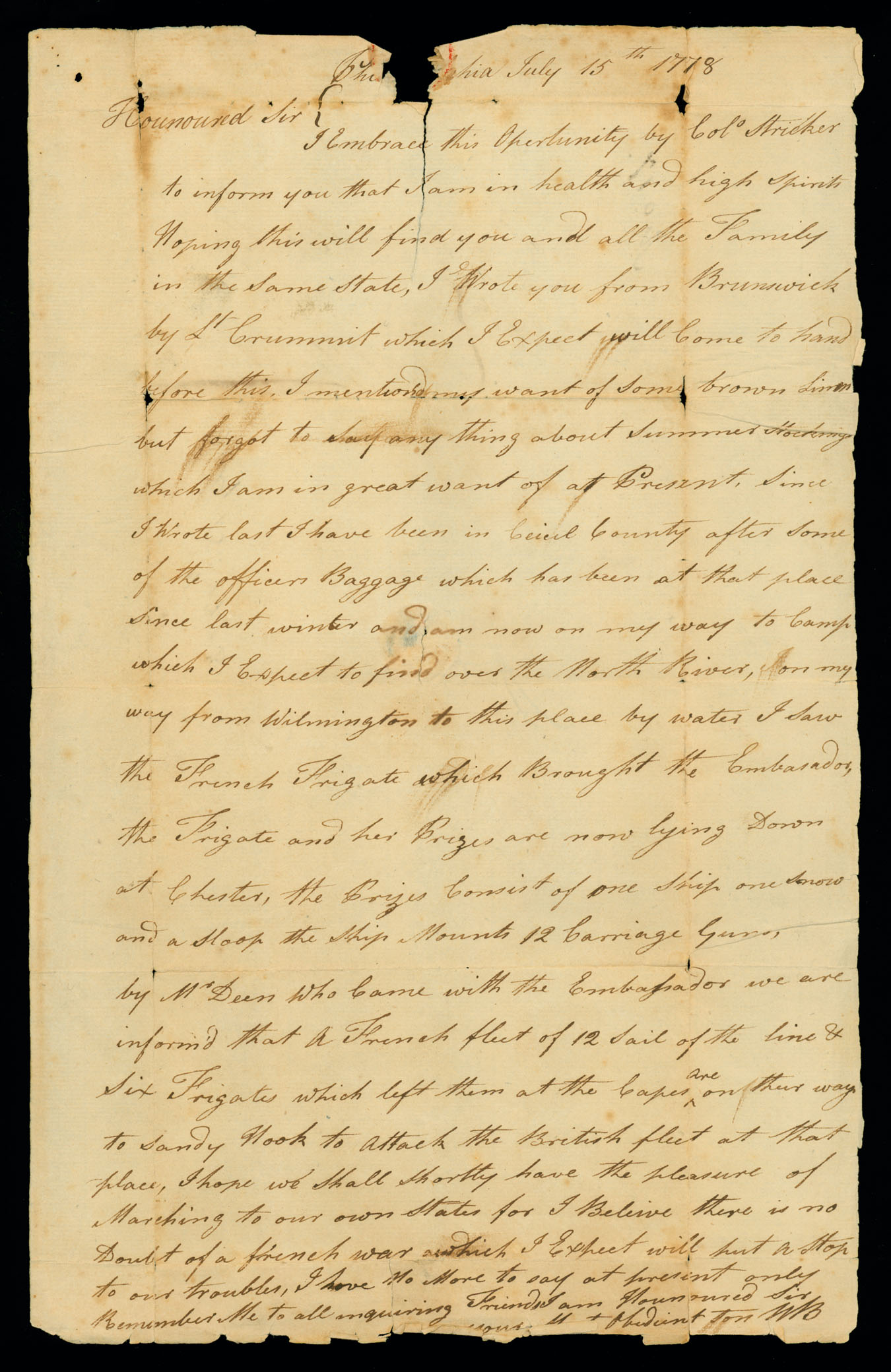 Letter. W[illiam] B[eatty, Jr.], Philadelphia, Pennsylvania, to Col. William Beatty, Maryland, Page 1