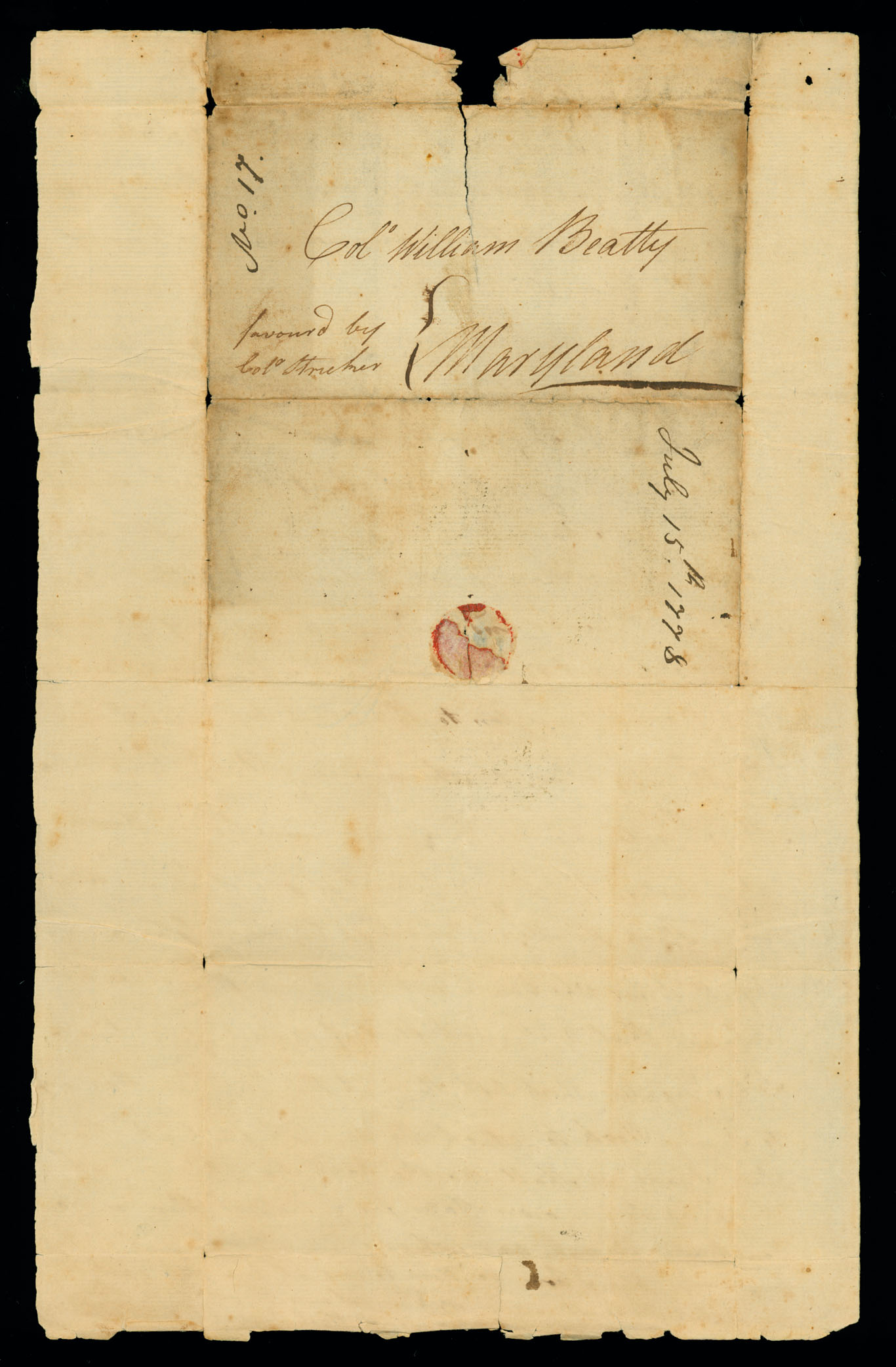Letter. W[illiam] B[eatty, Jr.], Philadelphia, Pennsylvania, to Col. William Beatty, Maryland, Address Leaf