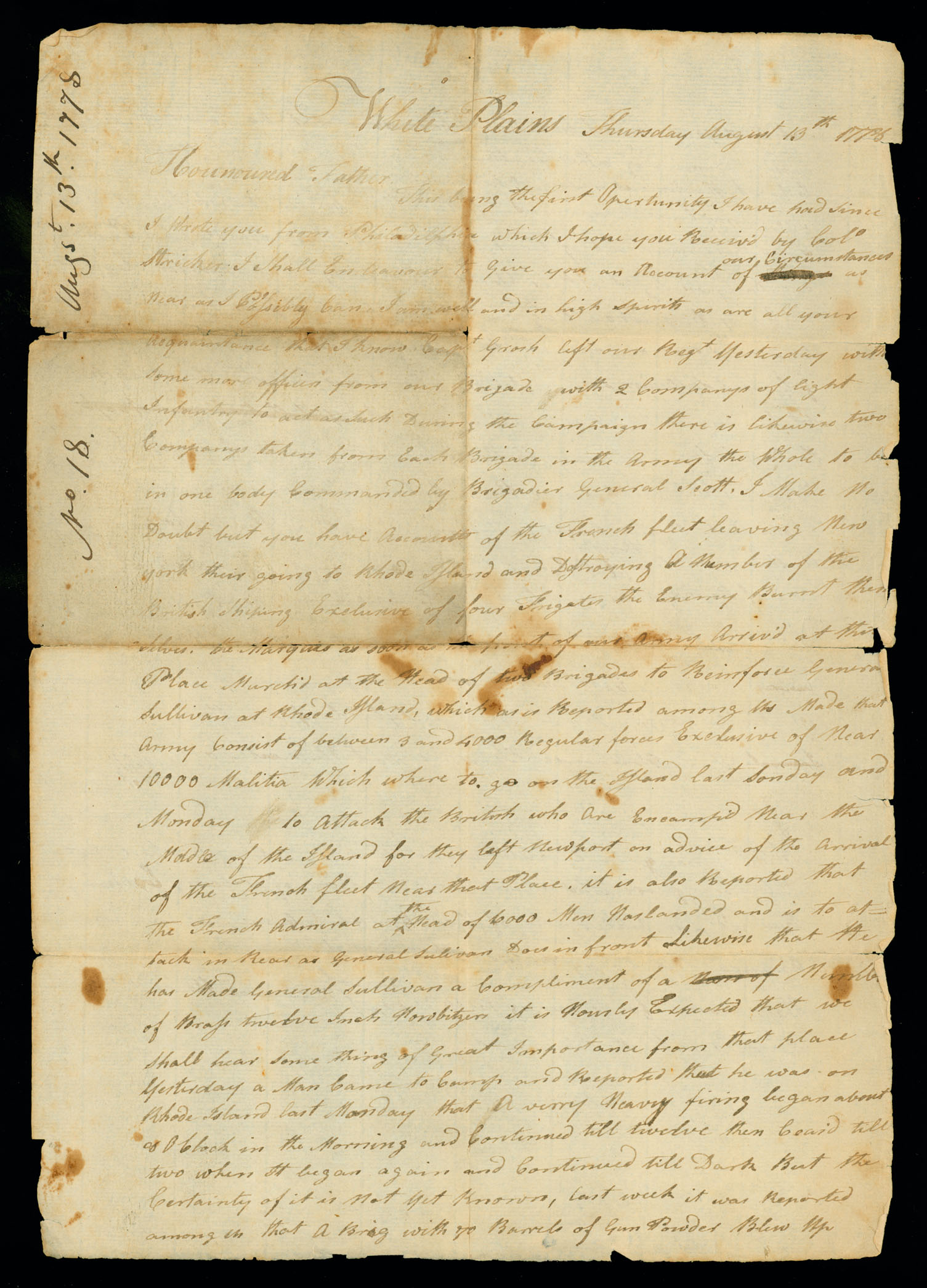 Letter. W[illiam] B[eatty, Jr.], White Plains, New York, to &quot;Hounoured Father&quot; [Col. William Beatty], Page 1
