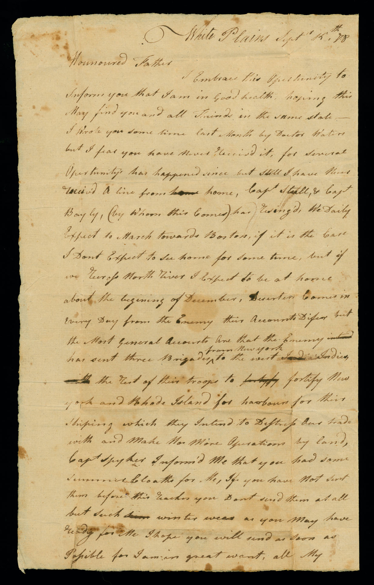 Letter. W[illiam] Beatty [Jr.], White Plains, to Col. William Beatty, Maryland, Page 1