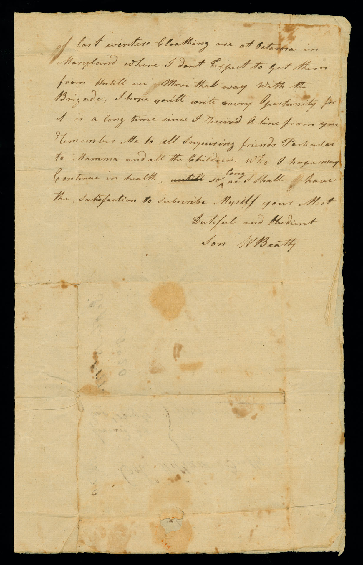 Letter. W[illiam] Beatty [Jr.], White Plains, to Col. William Beatty, Maryland, Page 2