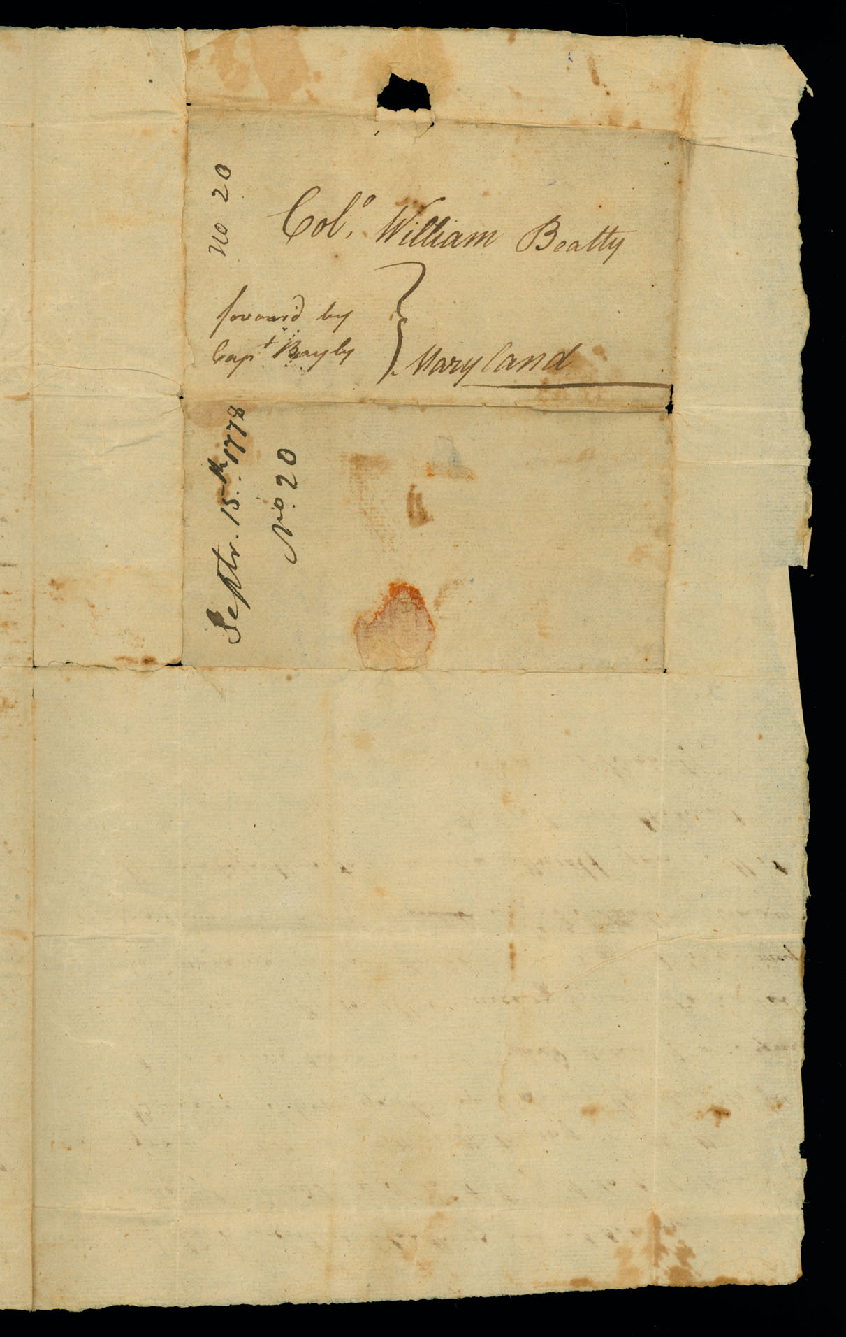 Letter. W[illiam] Beatty [Jr.], White Plains, to Col. William Beatty, Maryland, Address Leaf