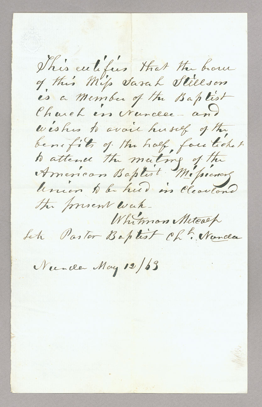 Document. Whitman Metcalf, Certificate of church membership, Page 1