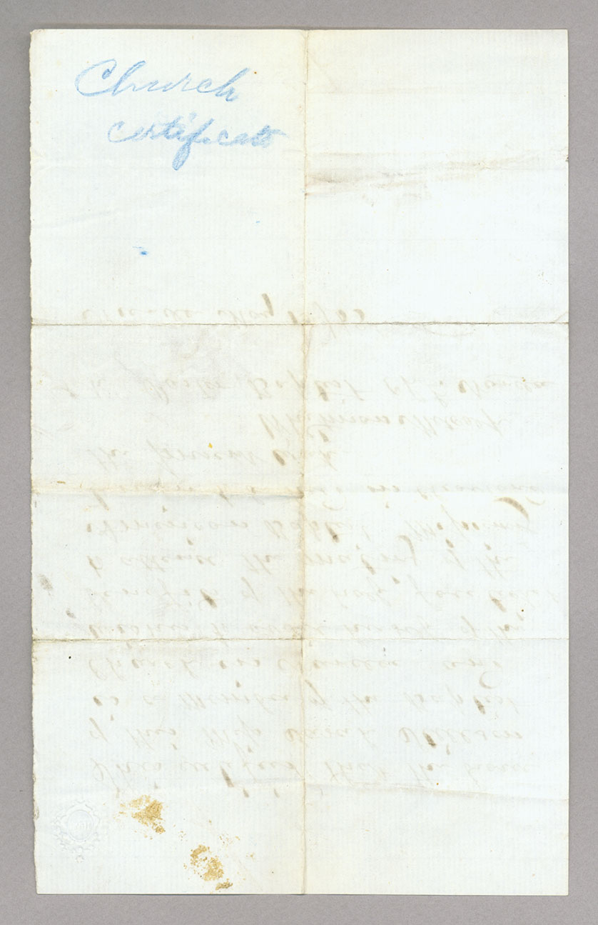 Document. Whitman Metcalf, Certificate of church membership, Page 2