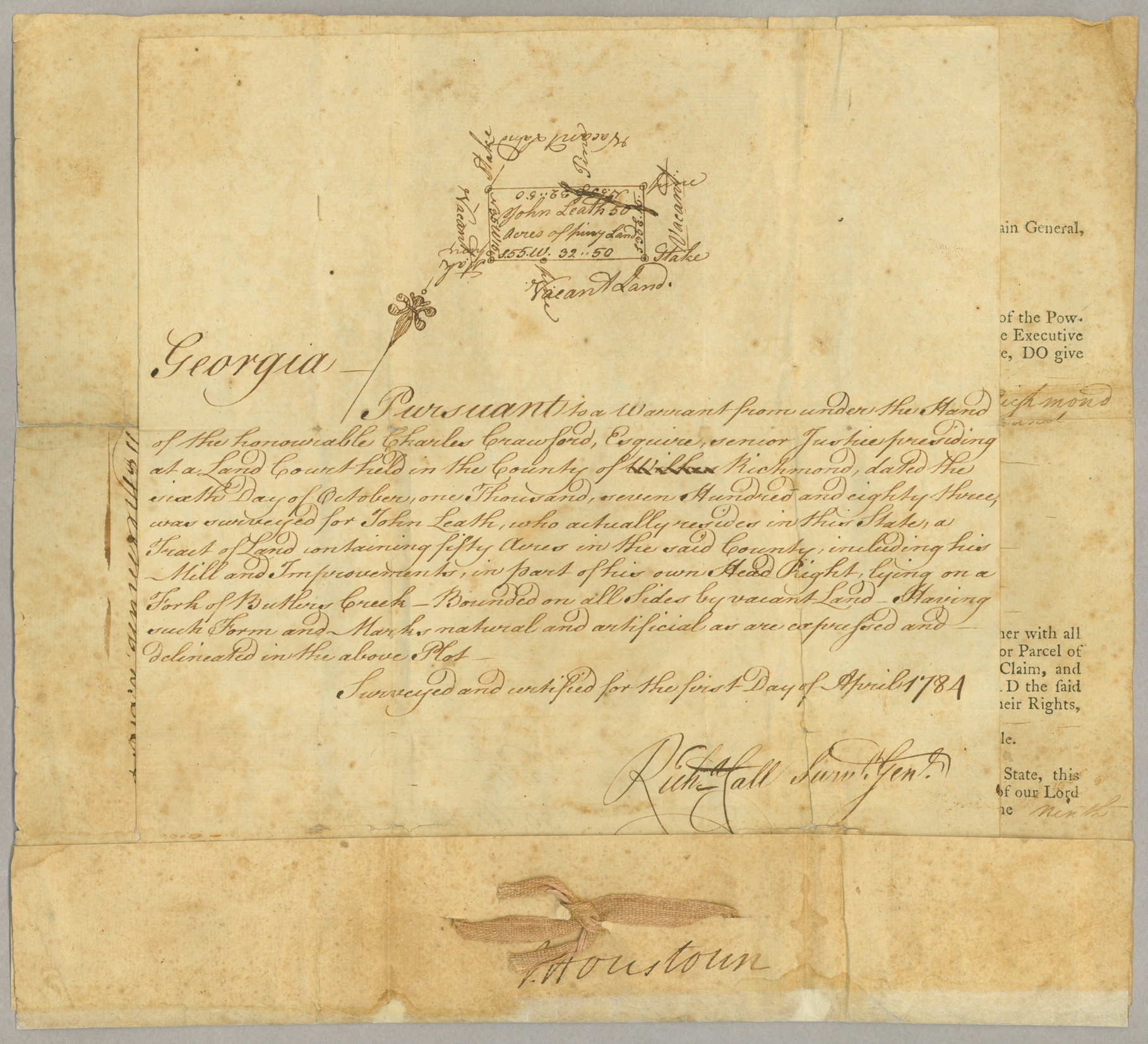 Land record, Grant with attached plat, from the state of Georgia to John Leath, granting Leath 50 acres in Richmond Count, Leaf 1
