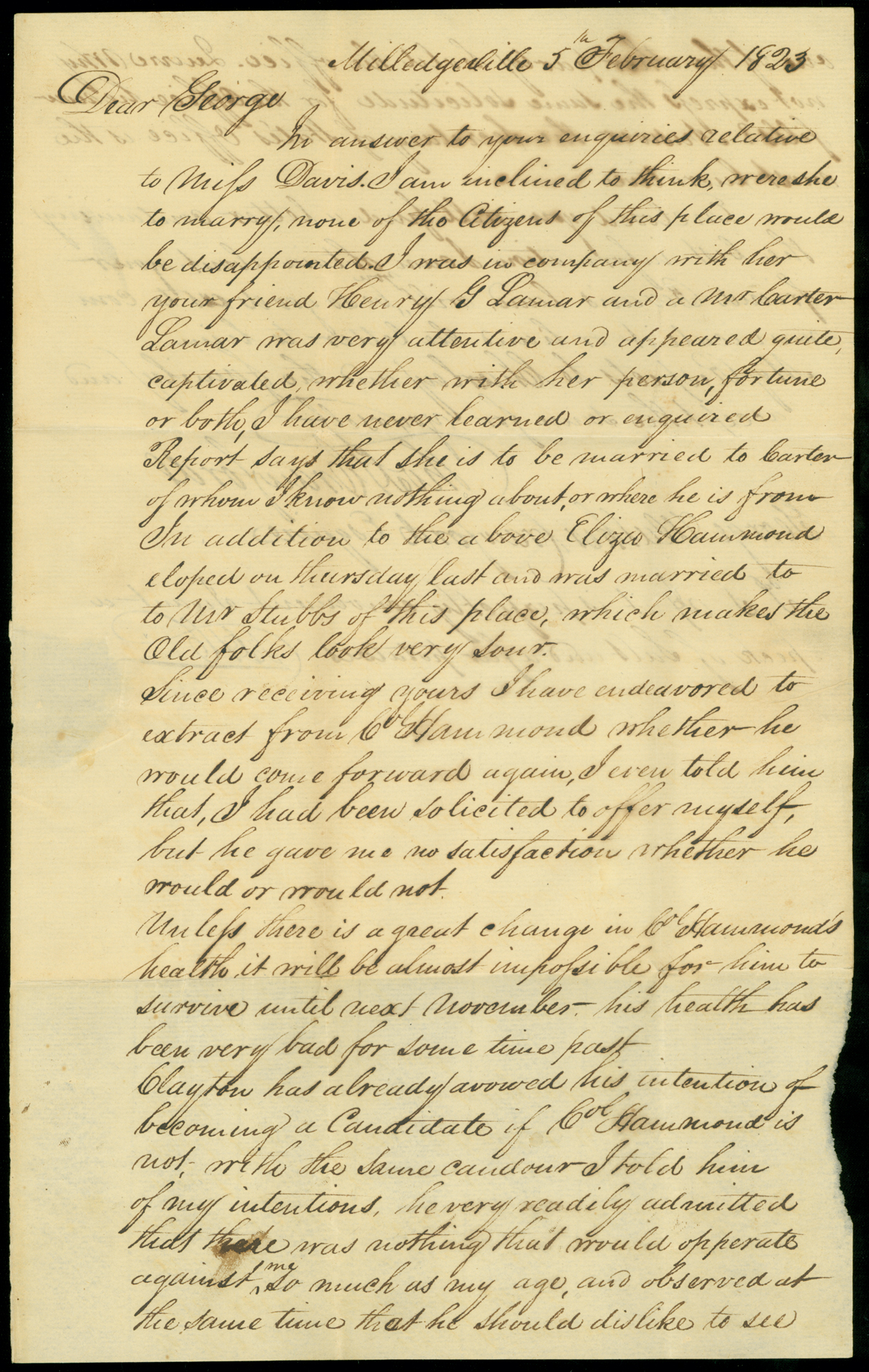 Letter, Tho[mas] H. Crawford, Milledgeville, Georgia, to George Walker Crawford Esqr., Augusta, Georgia, Page 1