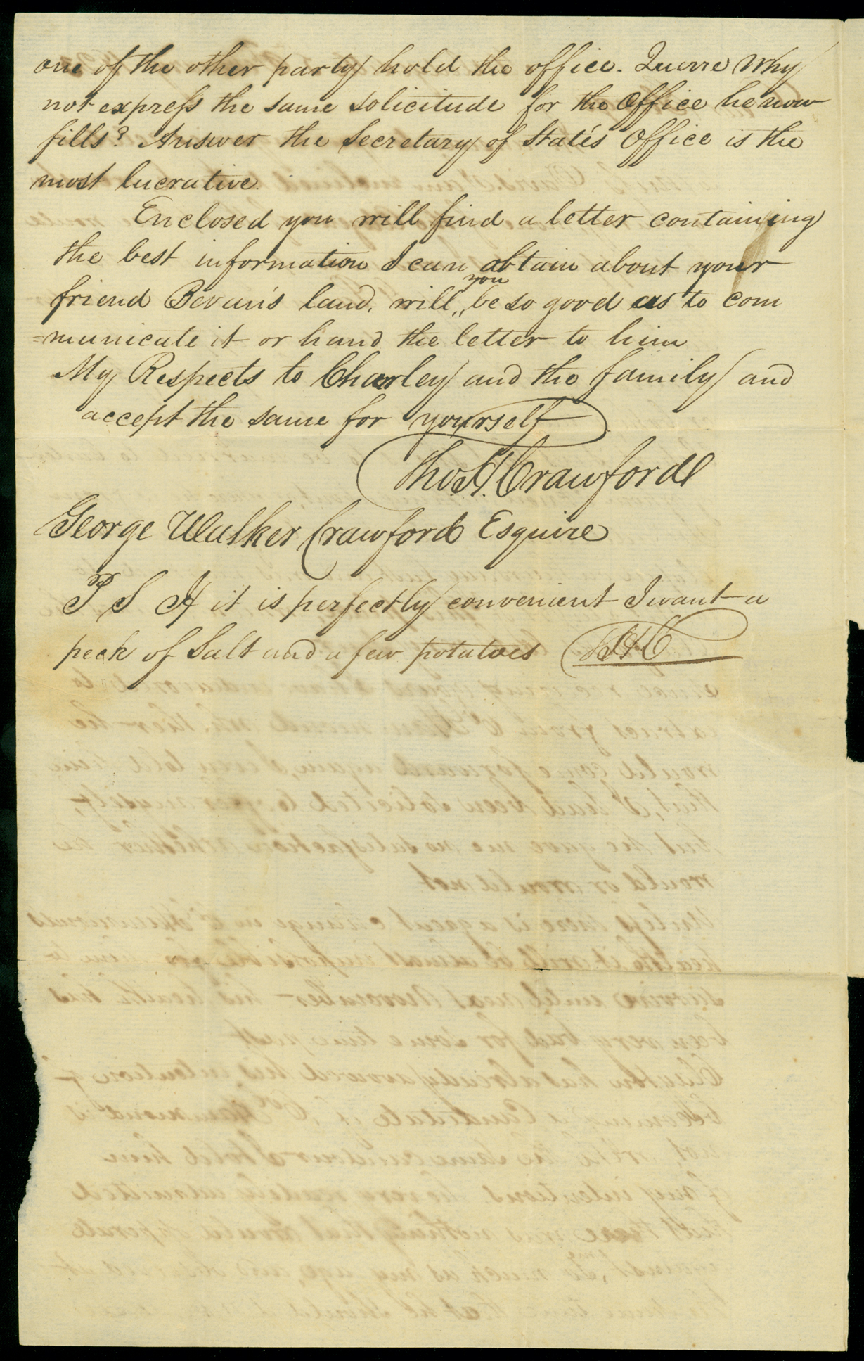 Letter, Tho[mas] H. Crawford, Milledgeville, Georgia, to George Walker Crawford Esqr., Augusta, Georgia, Page 2