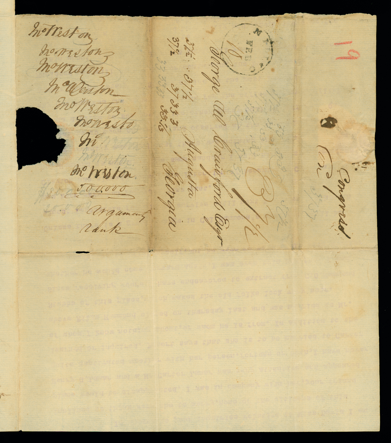 Letter, Tho[mas] H. Crawford, Milledgeville, Georgia, to George Walker Crawford Esqr., Augusta, Georgia, Address Leaf