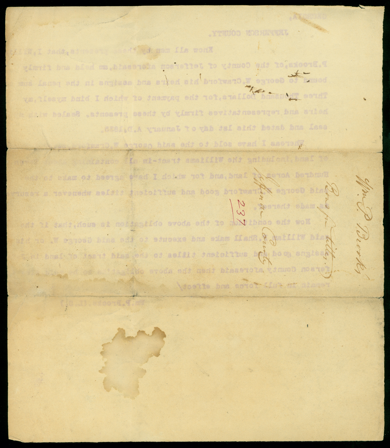 Land record, W[illia]m P. Brooks, Bond for titles to land sold to George W. Crawford, Page 2