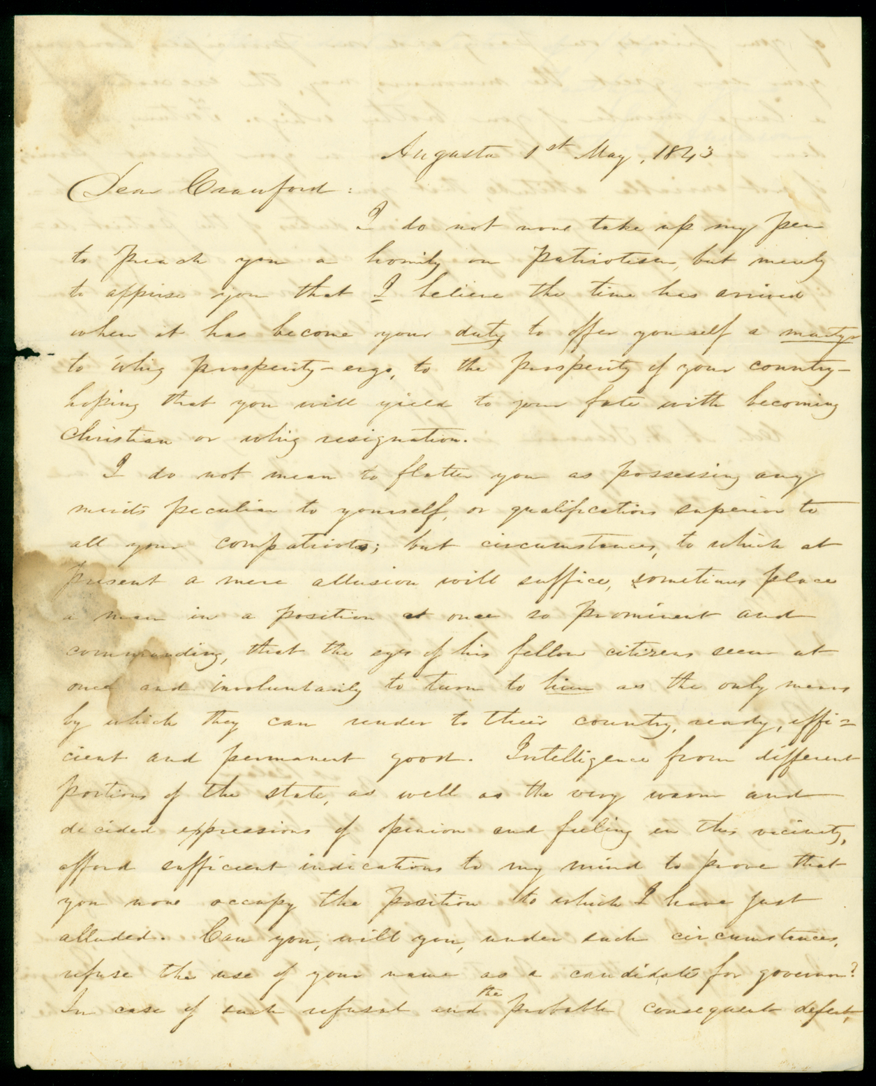 Letter, S[amuel] J. Anderson, Augusta, Georgia, to G[eorge] W. Crawford, Waynesboro, Georgia, Page 1