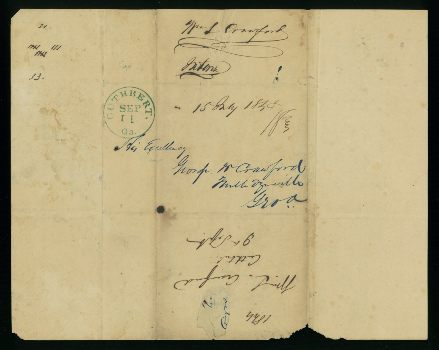 Letter, W[illia]m L. Crawford, Cuthbert, Georgia, to His Excellency George W. Crawford, Milledgeville, Georgia, Address Leaf