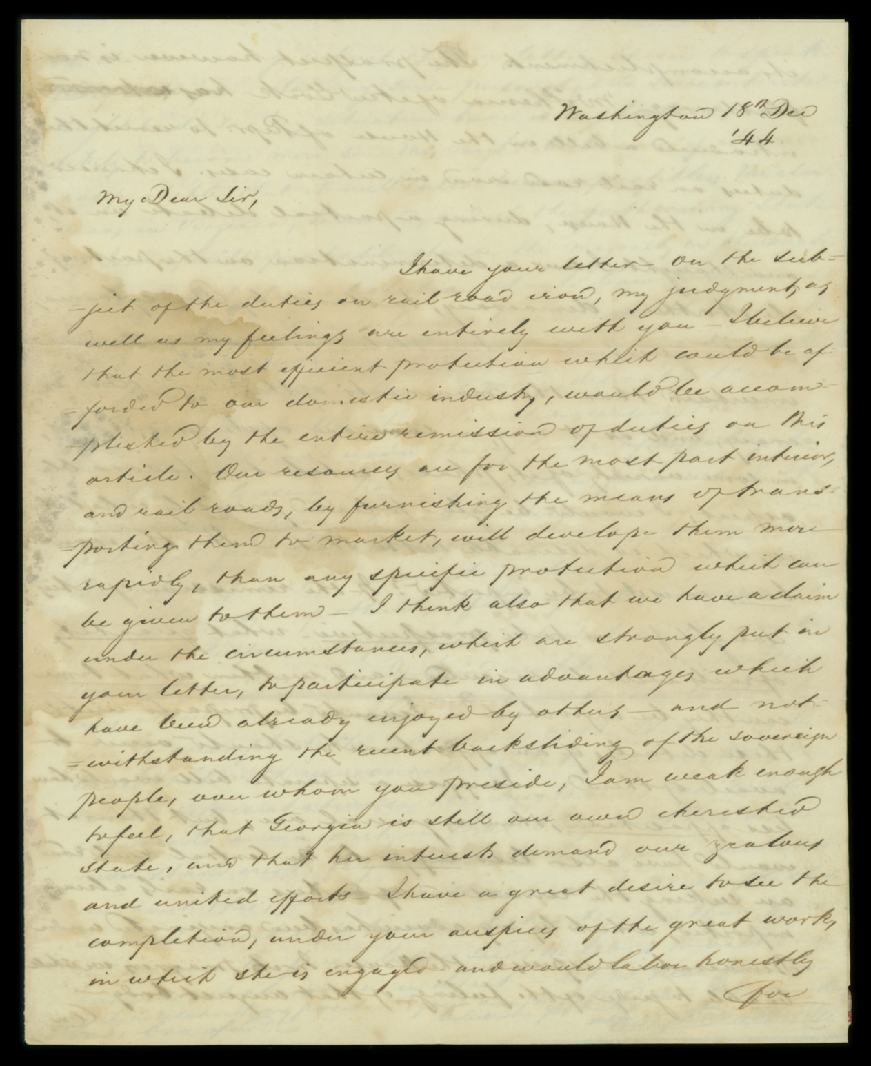 Letter, John Macpherson Berrien, Washington DC, to "My Dear Sir" [George W. Crawford], n. p., Page 1