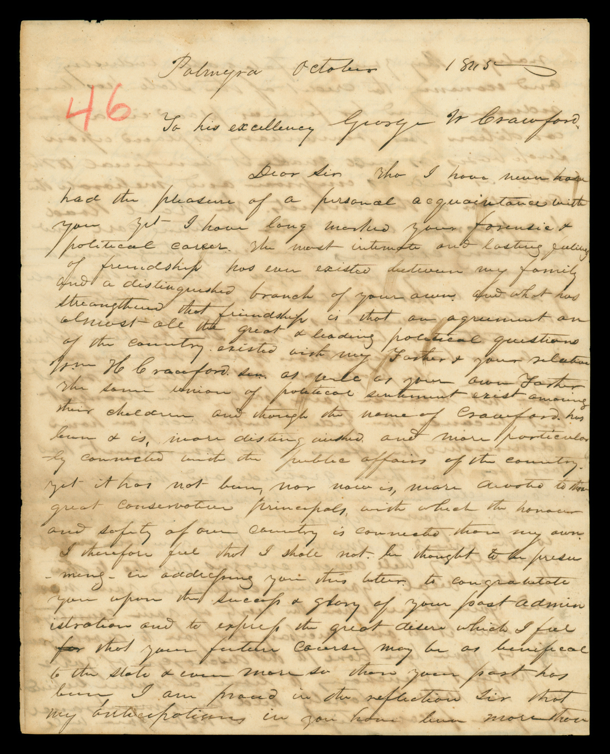 Letter, I. M. Davis, Palmyra, Georgia, to his excellency George W. Crawford, Milledgeville, Georgia, Page 1