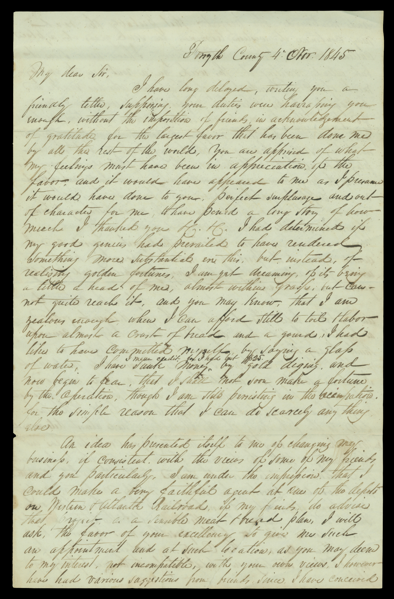 Letter, A. Crawford, Forsythe County, Georgia, to His Excellency George W. Crawford, Milledgeville, Georgia, Page 1