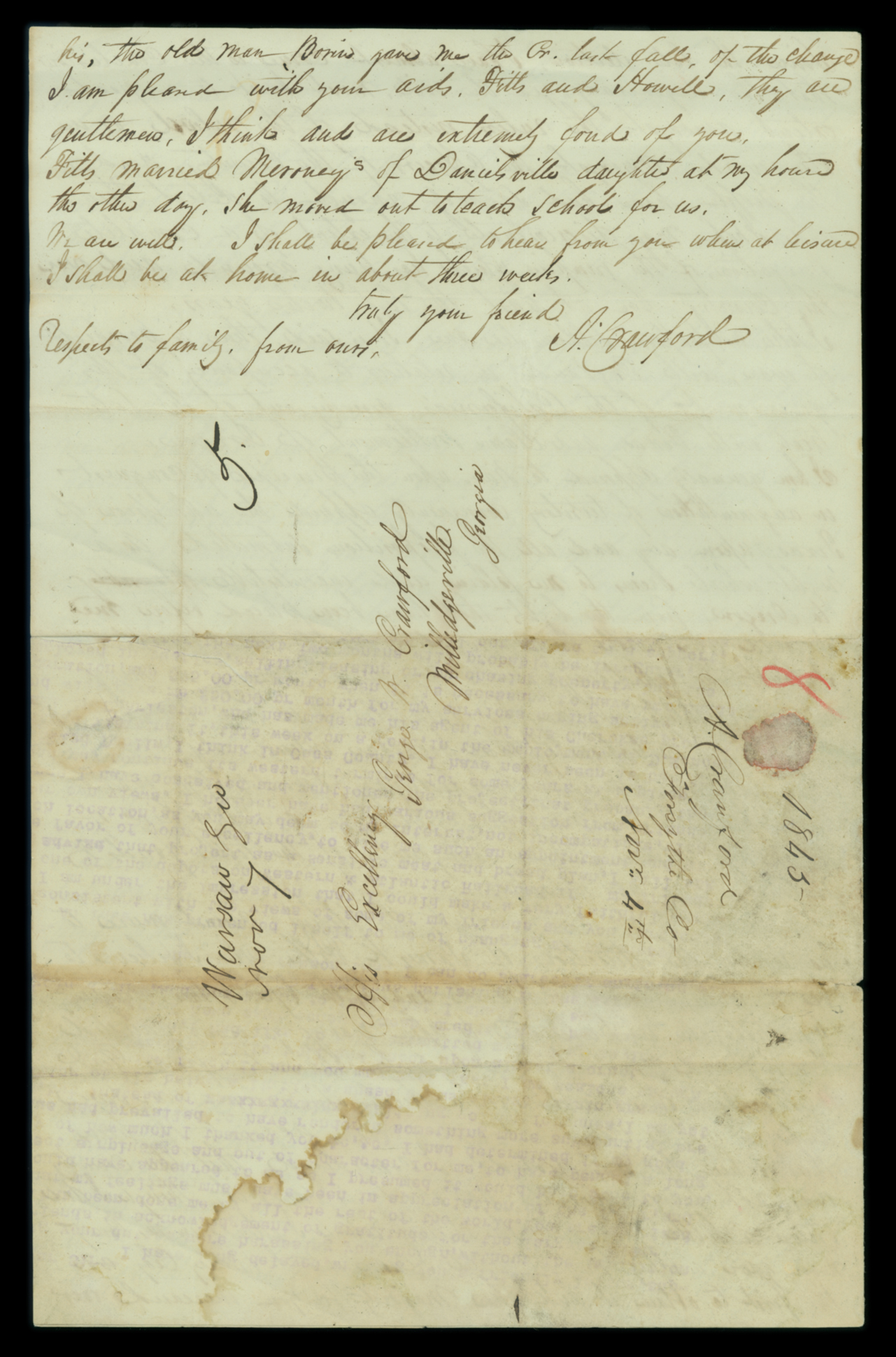 Letter, A. Crawford, Forsythe County, Georgia, to His Excellency George W. Crawford, Milledgeville, Georgia, Page 4 and Address Leaf